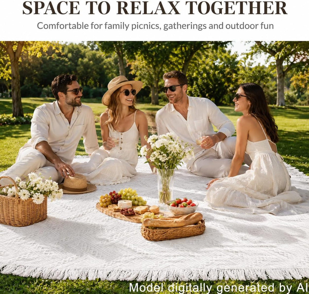 91 x 71inch White Outdoor Picnic Blanket with Waterproof Mat & Bag