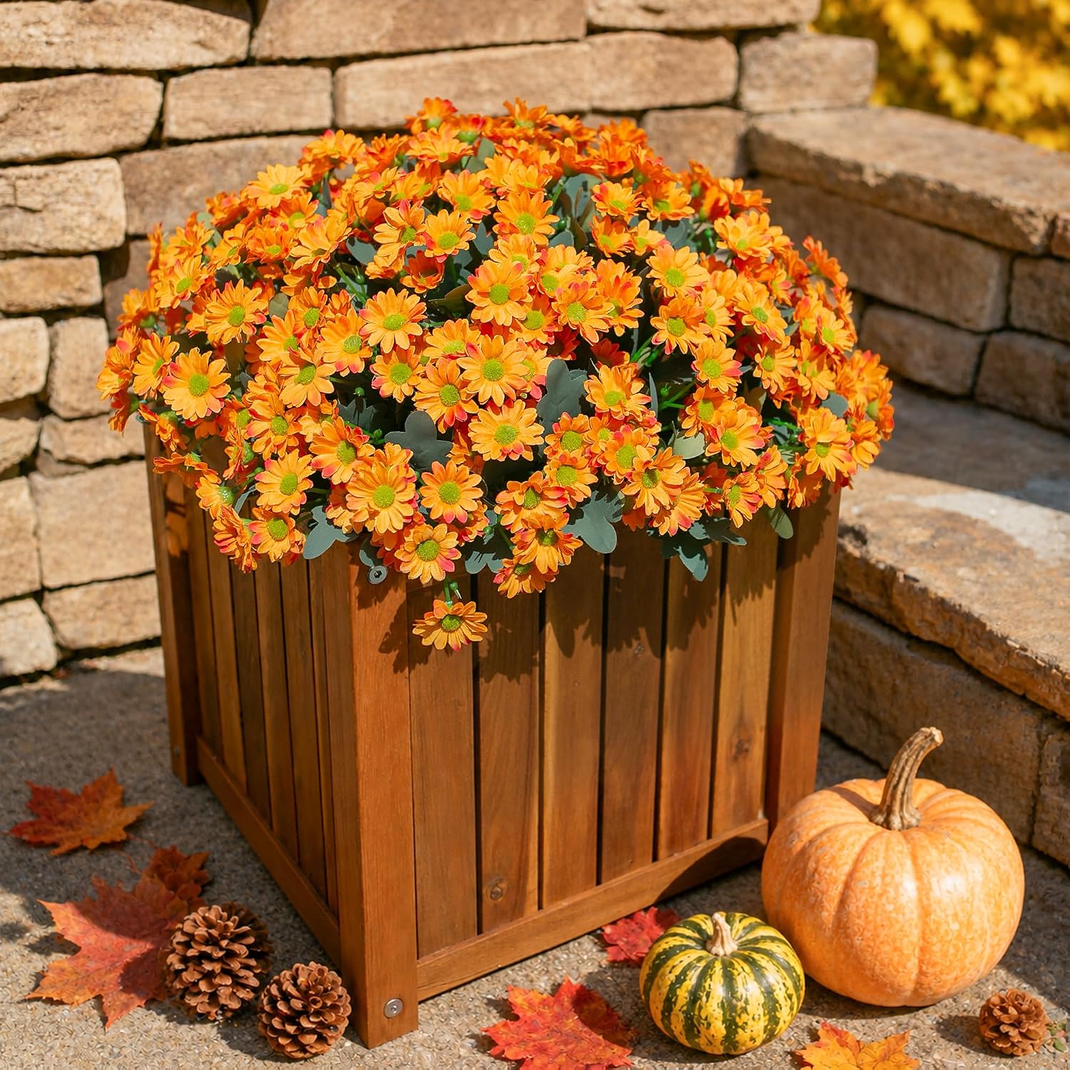 Daisy Artificial Flowers for Outdoors Autumn Fall Decor, 6 Bundles Fake Mums Orange Silk Flowers for Outside Look Real UV Resistant Fake Plants Faux Flowers for Planter Front Door Home Indoor Porch