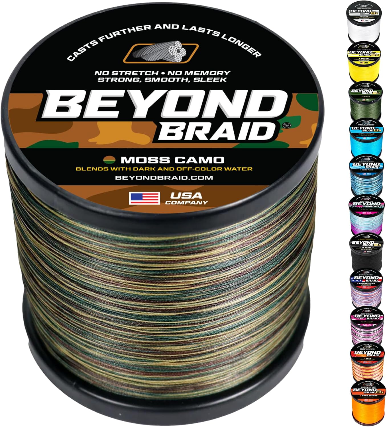 Beyond Braid Braided Fishing Line -Super Strong - Abrasion Resistant - No Stretch -Blue Camo, Moss Camo, White, Green, Pink, Blue, 4 Strand 8 Strand