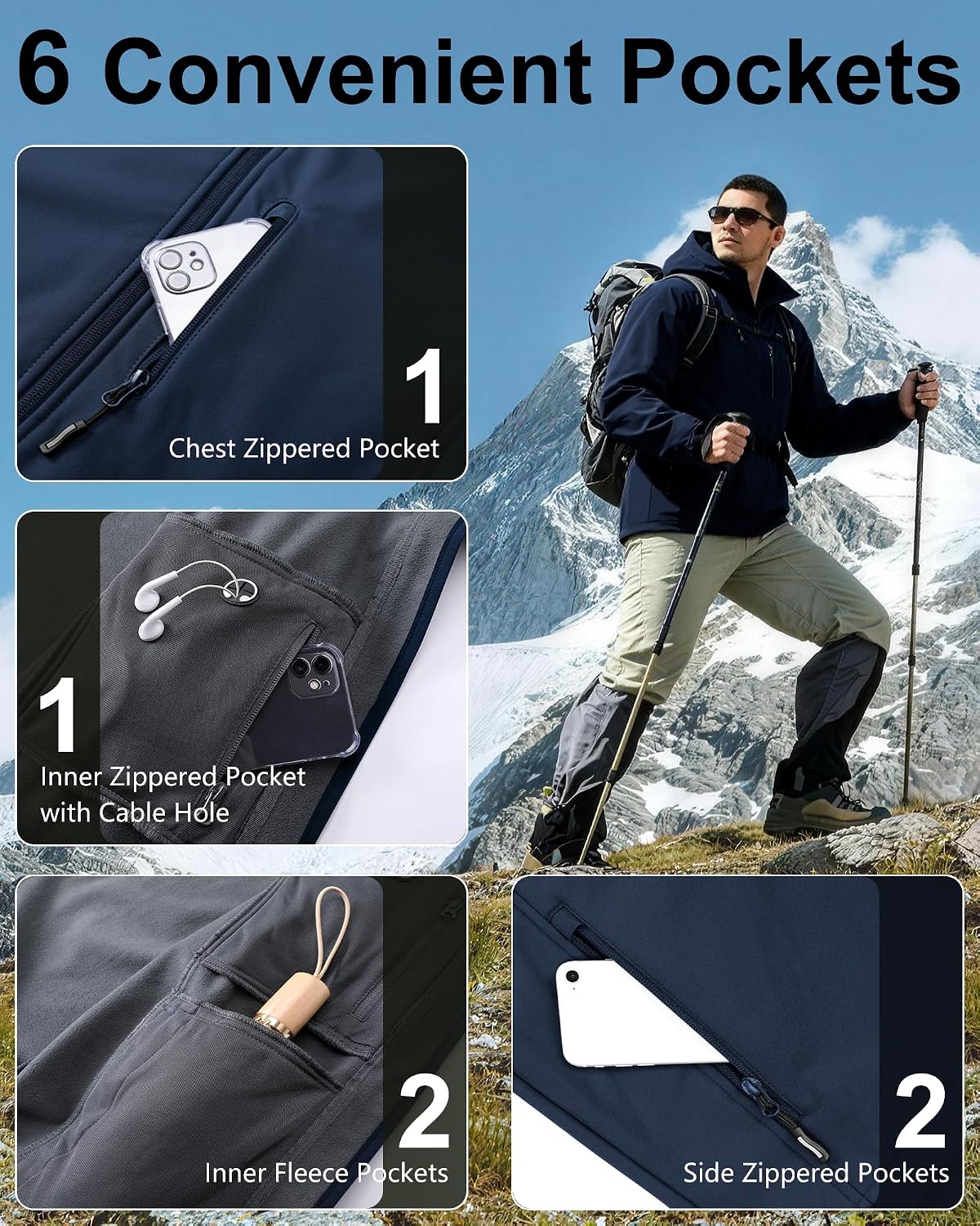 Outdoor Ventures Men's Softshell Jacket Waterproof Fleece Rain Shell Coat