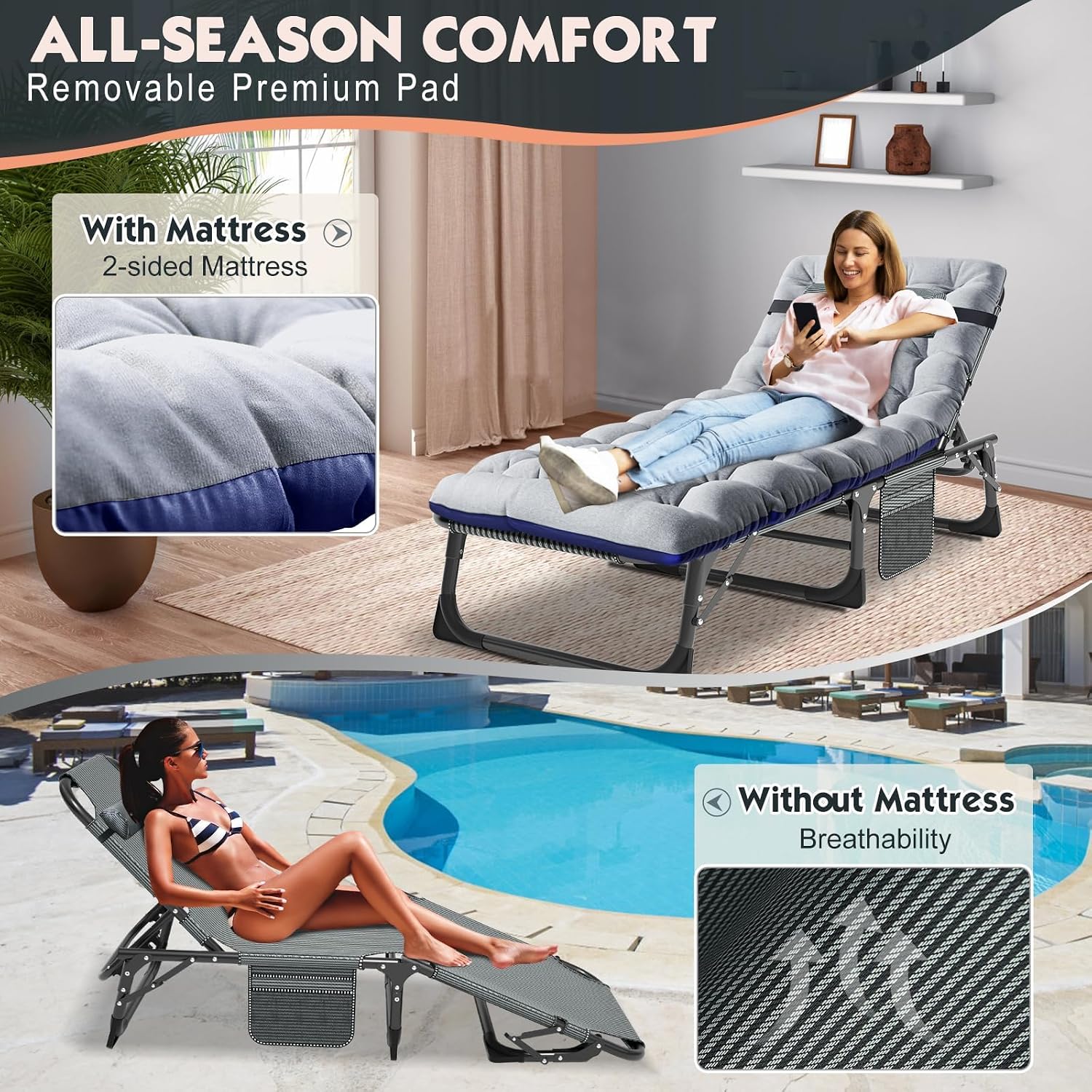 MOPHOTO Folding Lounge Chair, 5-Position Chaise Lounge with Padded Cushion