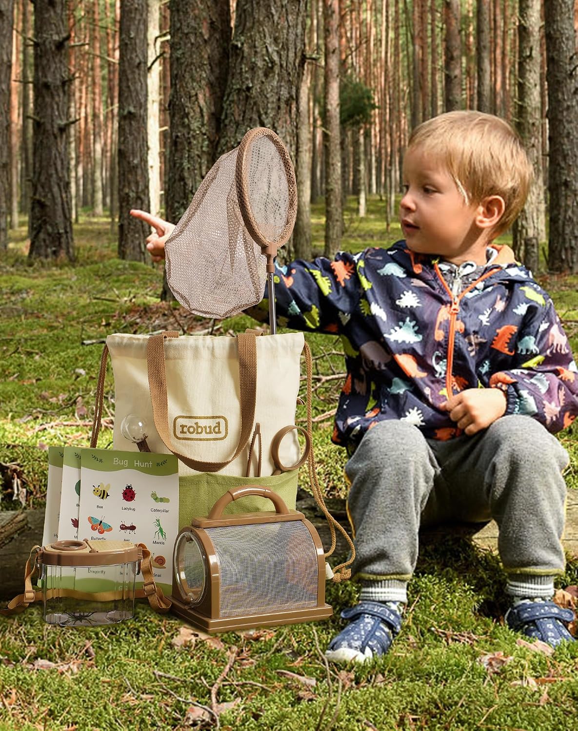 ROBUD Bug Catcher for Kids, Bug Catcher Kit with Bag Kit, Outdoor Exploration Set for Camping, Montessroi Toy for Kids Coming Closer to Nature，WRP07