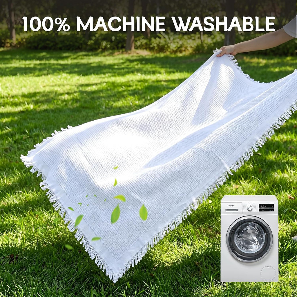 Boho Picnic Blanket with Leather Carry Strap, Extra Large White Outdoor Blanket with Fringe, Portable Sandproof Beach Mat for Camping, Park, Lawn & Photoshoot (71"x 71") (71 x 71 inches)