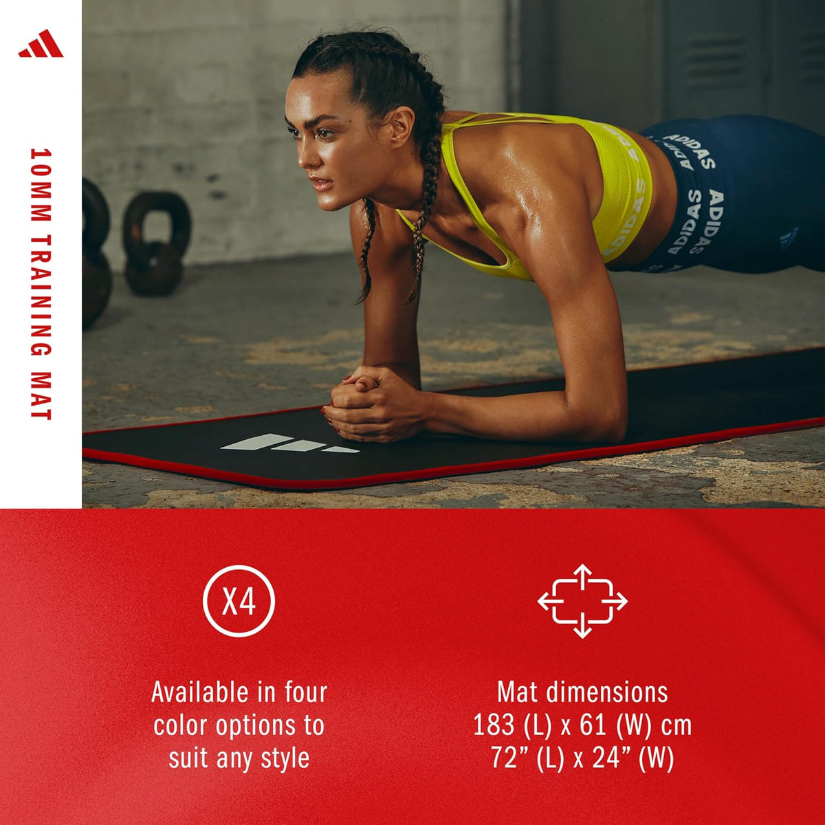 adidas 10mm Extra Thick Training Mat with Carrying Strap and Non-Slip Textured Base - Cushioned Workout Mat for Home Gym, Floor Workouts, and Intense Exercises - Portable and Durable