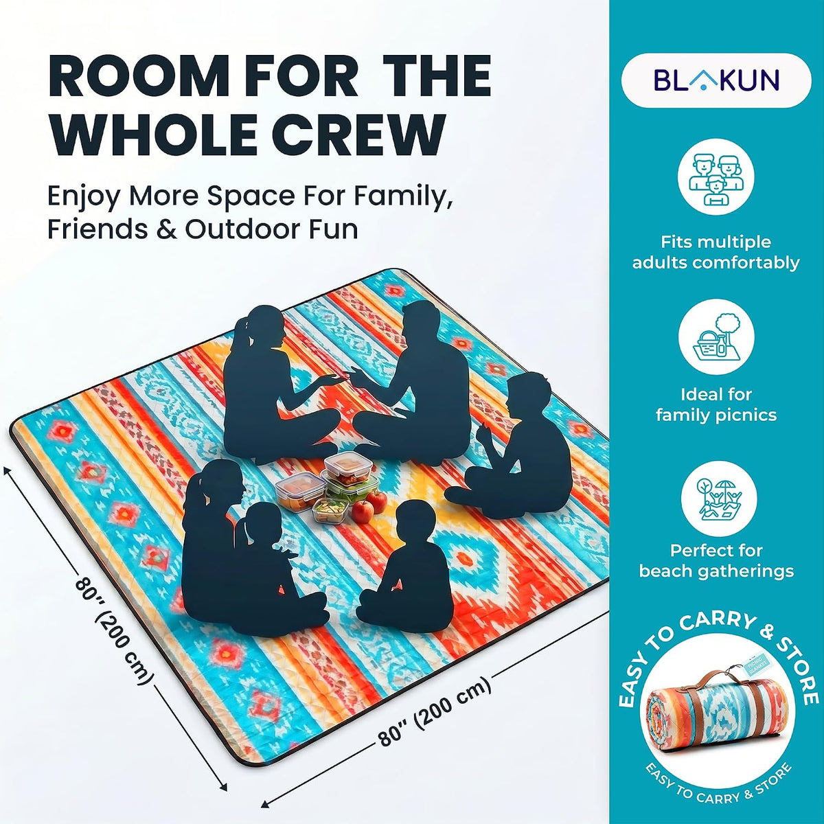 Picnic Blanket Waterproof 80”x80” Extra Large Beach Blanket for 6-8 People, Foldable Outdoor Blanket with Boho Southwestern Design for Camping, Travel, Park & Lawn