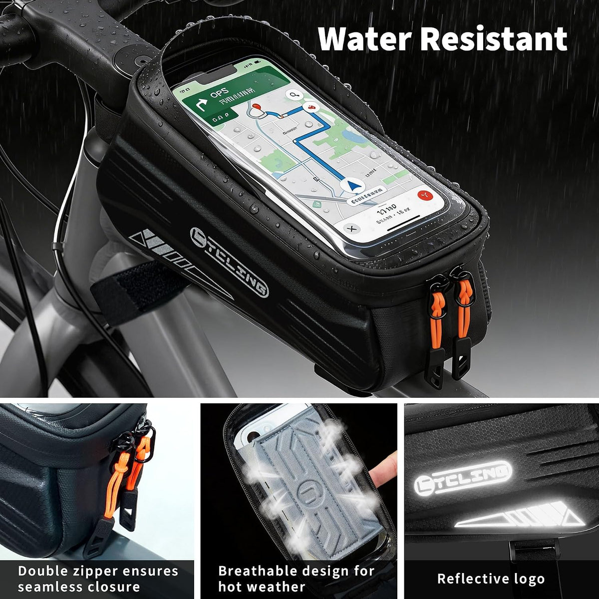 Bike Phone Bag with TPU Sensitive Touch, Waterproof Top Tube Bicycle Front Frame Bag, 1.9L Large Capacity EVA Hard Shell Mount Bike Phone Holder Bag Under 7", Handlebar Bag Bike Accessories
