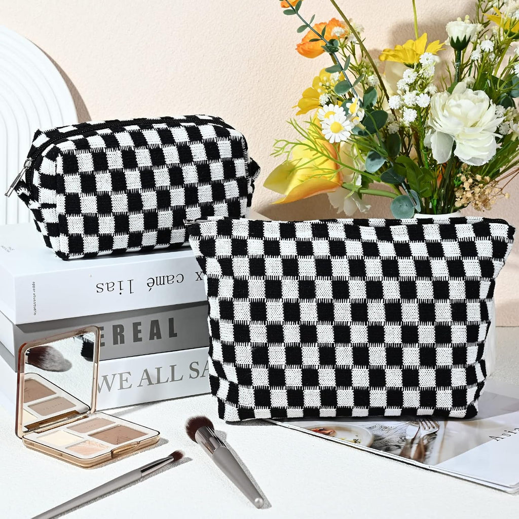 SOIDRAM 2 Pieces Black Makeup Bag Large Checkered Cosmetic Bag Capacity Canvas Mix Travel Toiletry Bag Organizer Cute Makeup Brushes Aesthetic Accessories Storage Bag for Women, Checkered Mix Black
