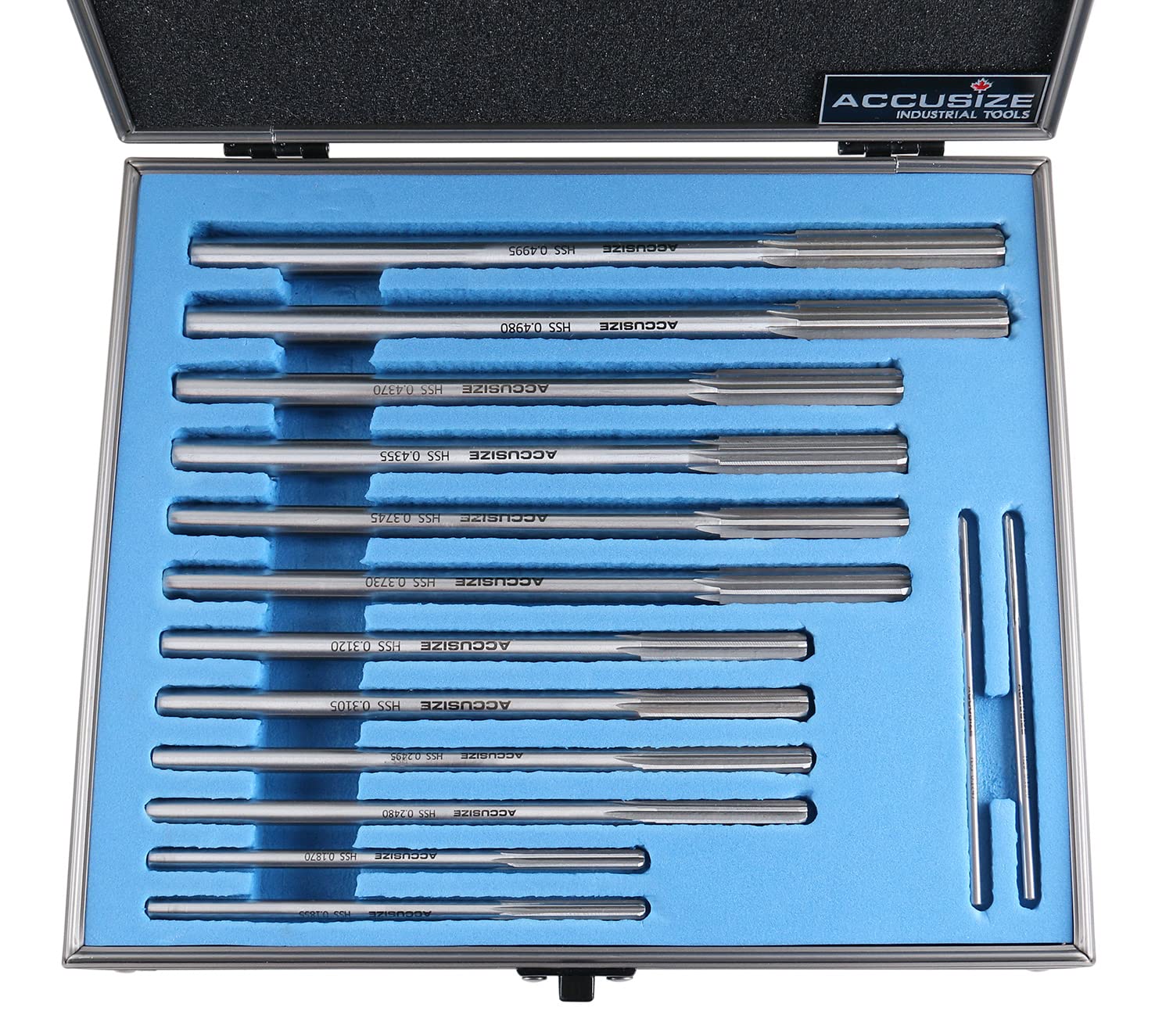 Accusize Industrial Tools Dowel Pin Reamer Size: 0.1230" Thru 0.4995", HSS M2 Premium Chucking Reamer Set, Right Hand Cut, 14 pcs Set, 5528-ST00