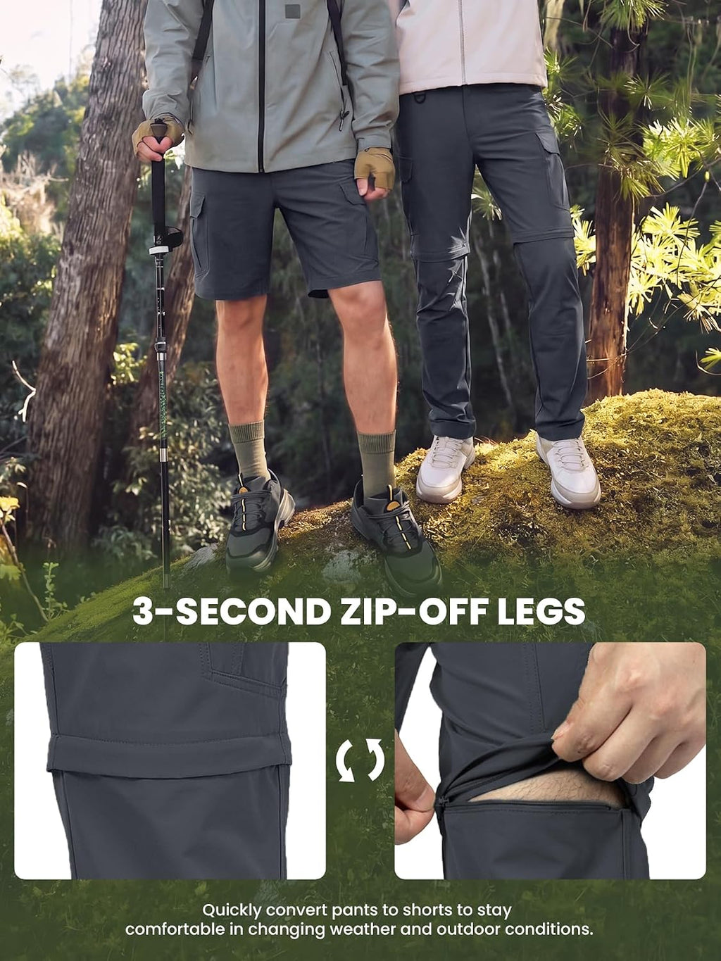 Men's Convertible Hiking Pants with 7 Pockets, Zip-Off Quick-Dry