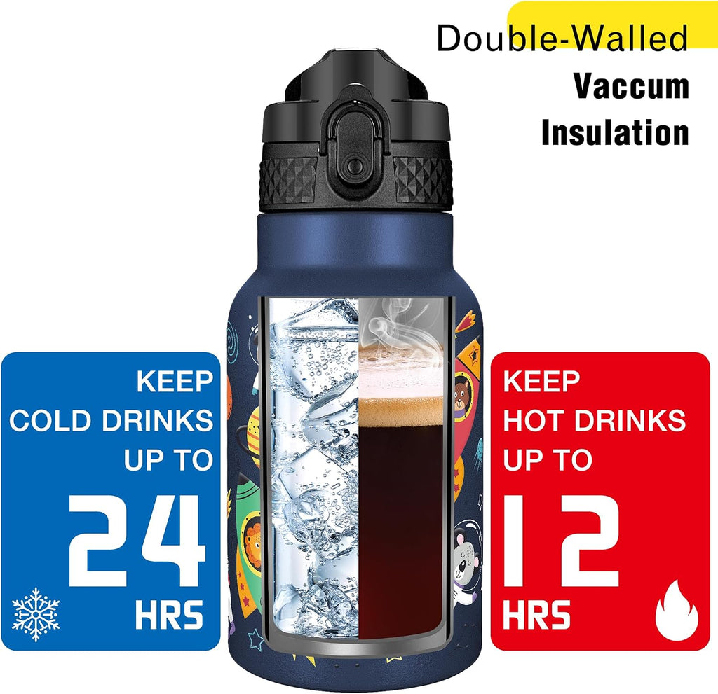 Han's Bottle Kids Water Bottle with Straw Lid - Insulated Stainless Steel Reusable Tumbler for Girls,Boys,Thermo Mug,12oz,Cosmic Animals