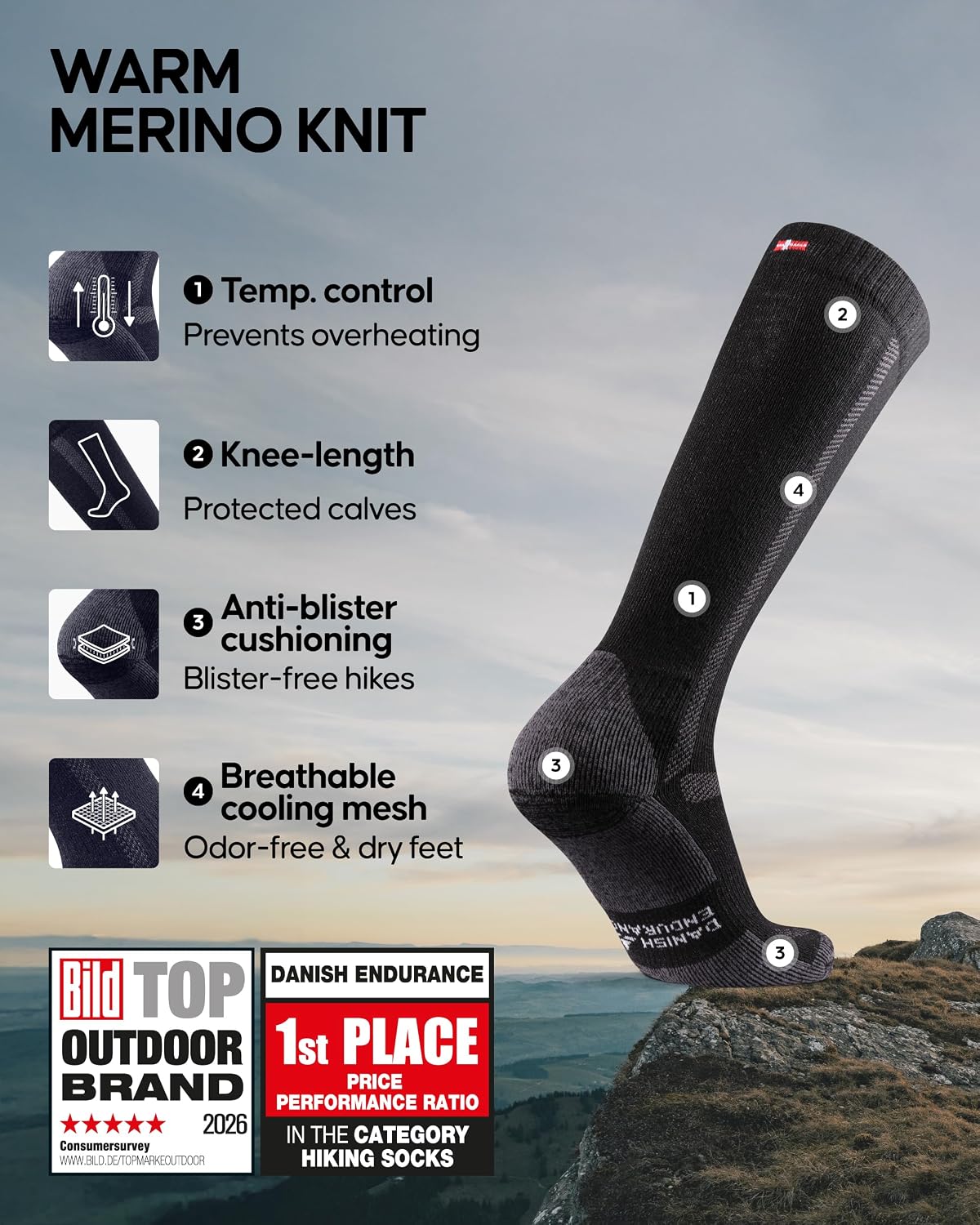 DANISH ENDURANCE Knee High Hiking Socks, Merino Wool, Thermal, 1 & 3-Pack