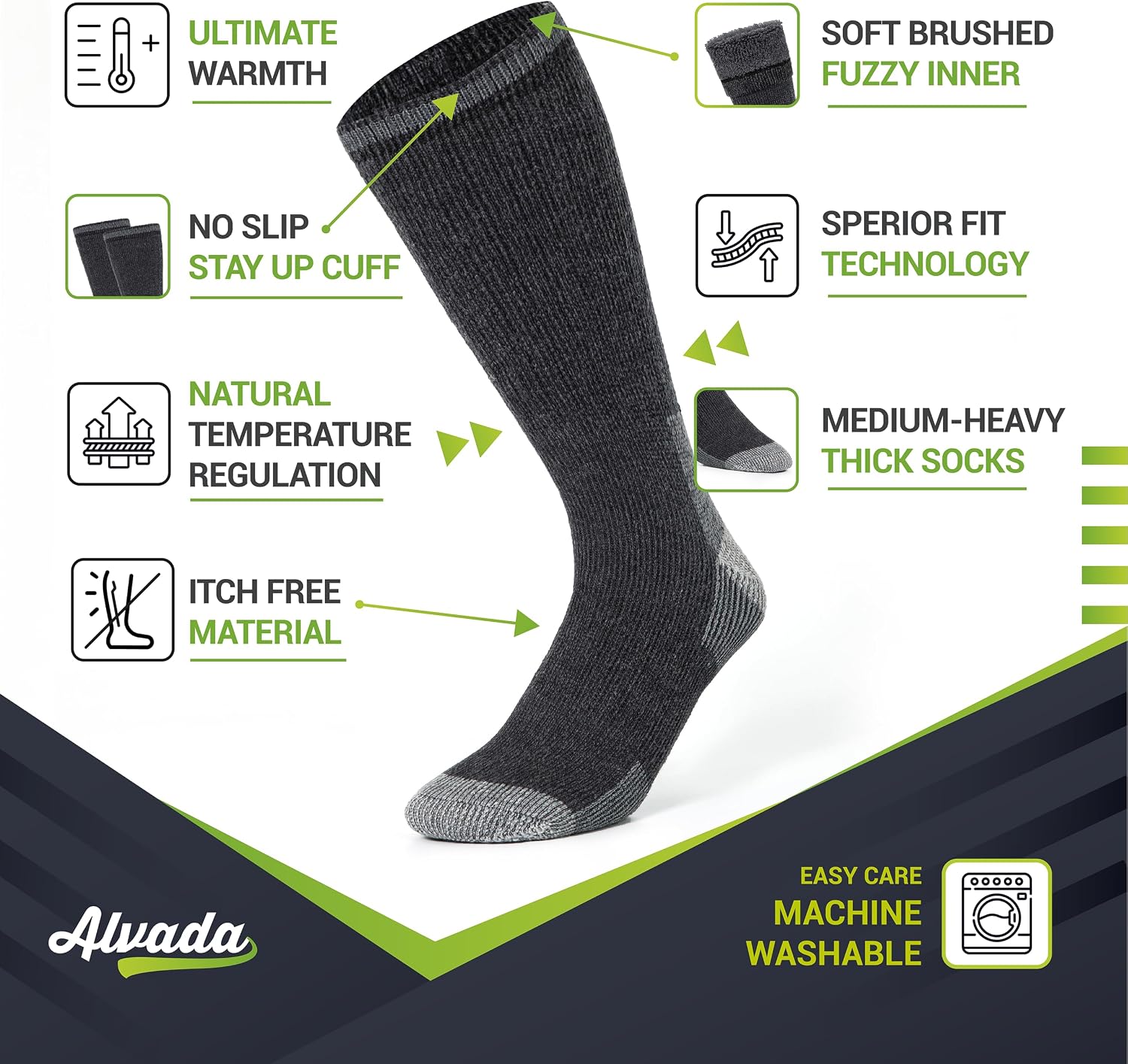 Alvada Mens Merino Wool Crew Socks Thermal and Warm Socks for Winter Work Hiking Running 3 Pairs