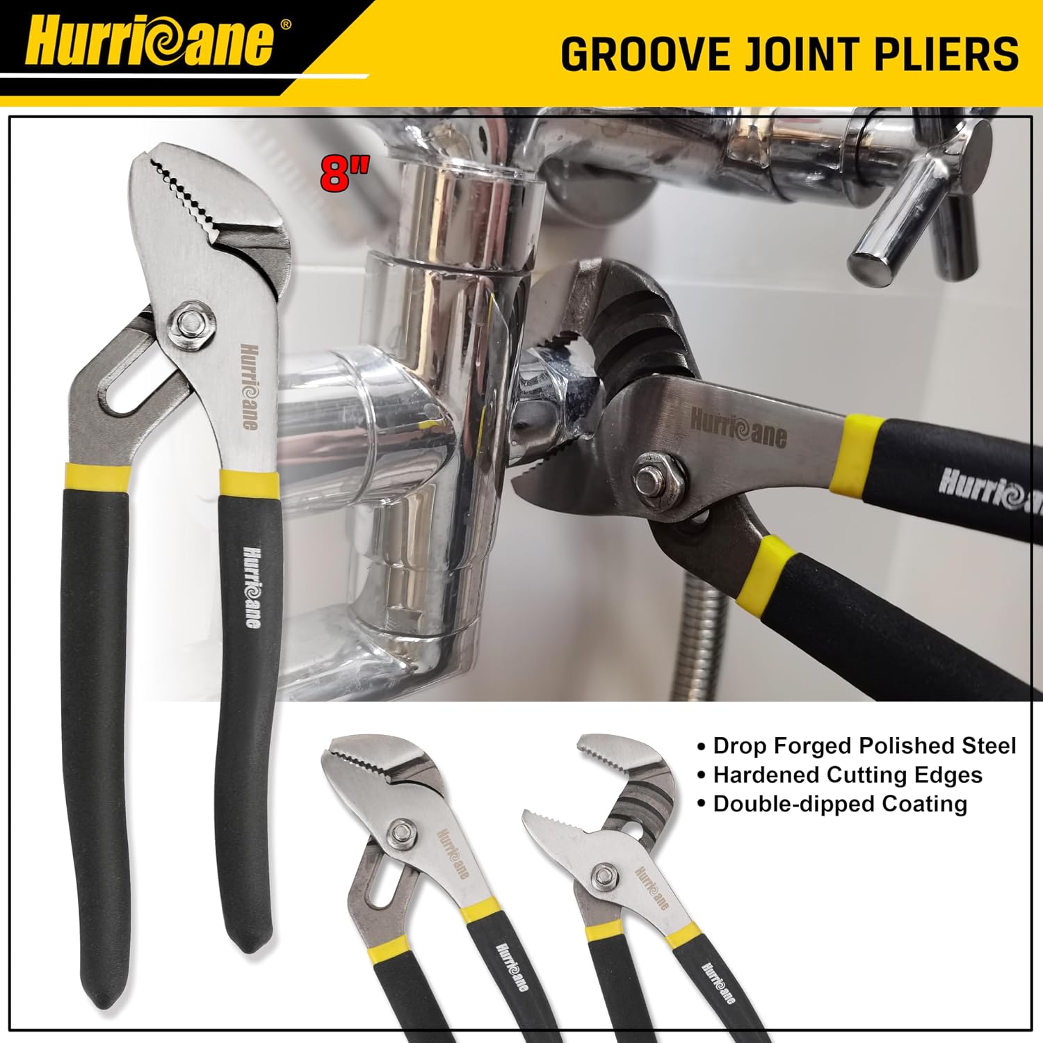 HURRICANE 7-Piece Pliers Set – 8" Water Pump, 8"/6" Slip Joint, 7" Linesman, 6" Diagonal, 6" & Mini Long Nose, Carbon Steel, Anti-Slip Double-Dipped Handle for Home, DIY, Automotive