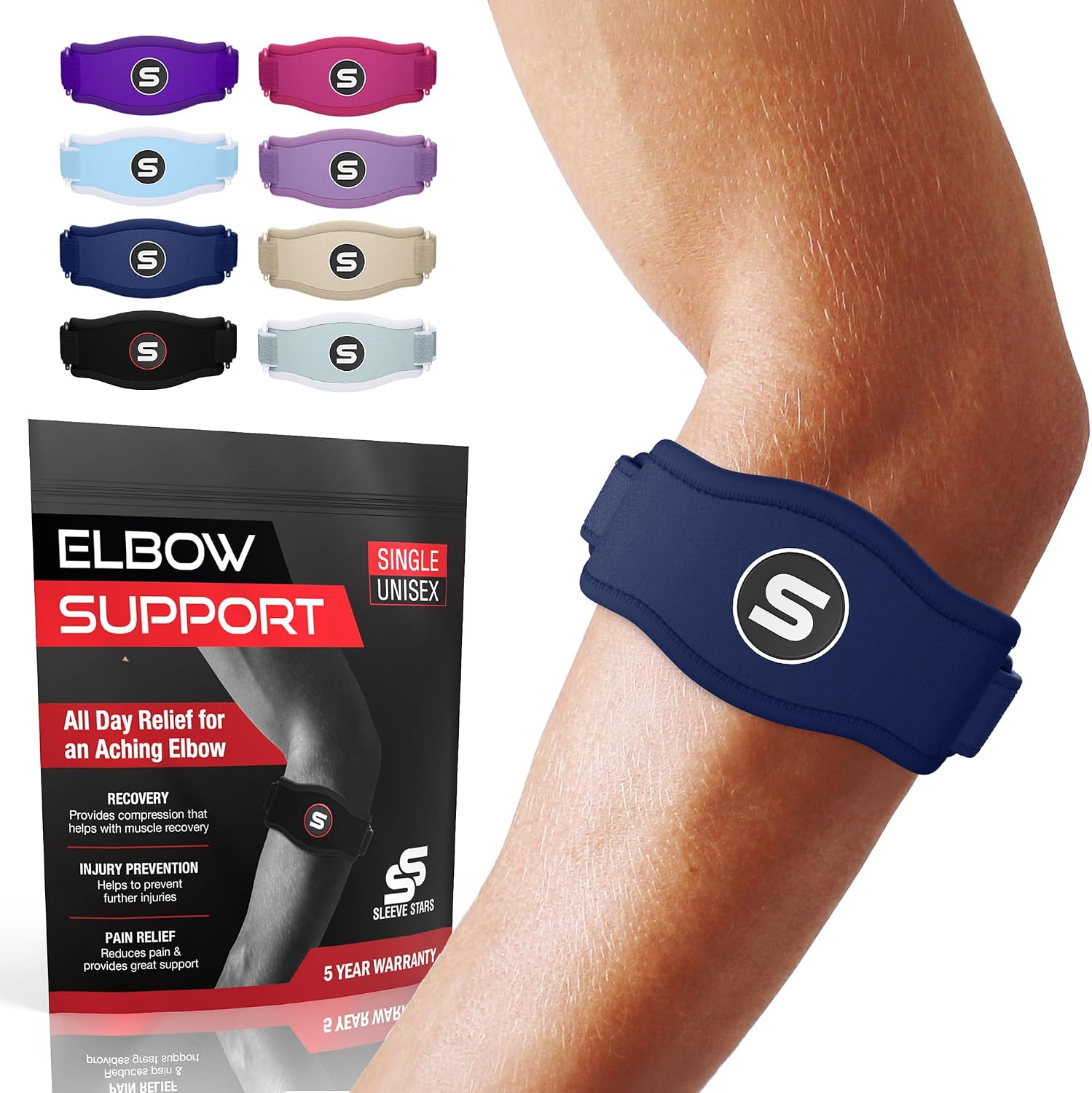 Sleeve Stars Tennis Elbow Brace for Men & Women, Elbow Brace for Tendonitis, Tennis Elbow Strap, Golfers Elbow Brace, Elbow Support Wrap for Tennis Elbow Relief, Fits 9"-23" (Pair/Navy Blue)
