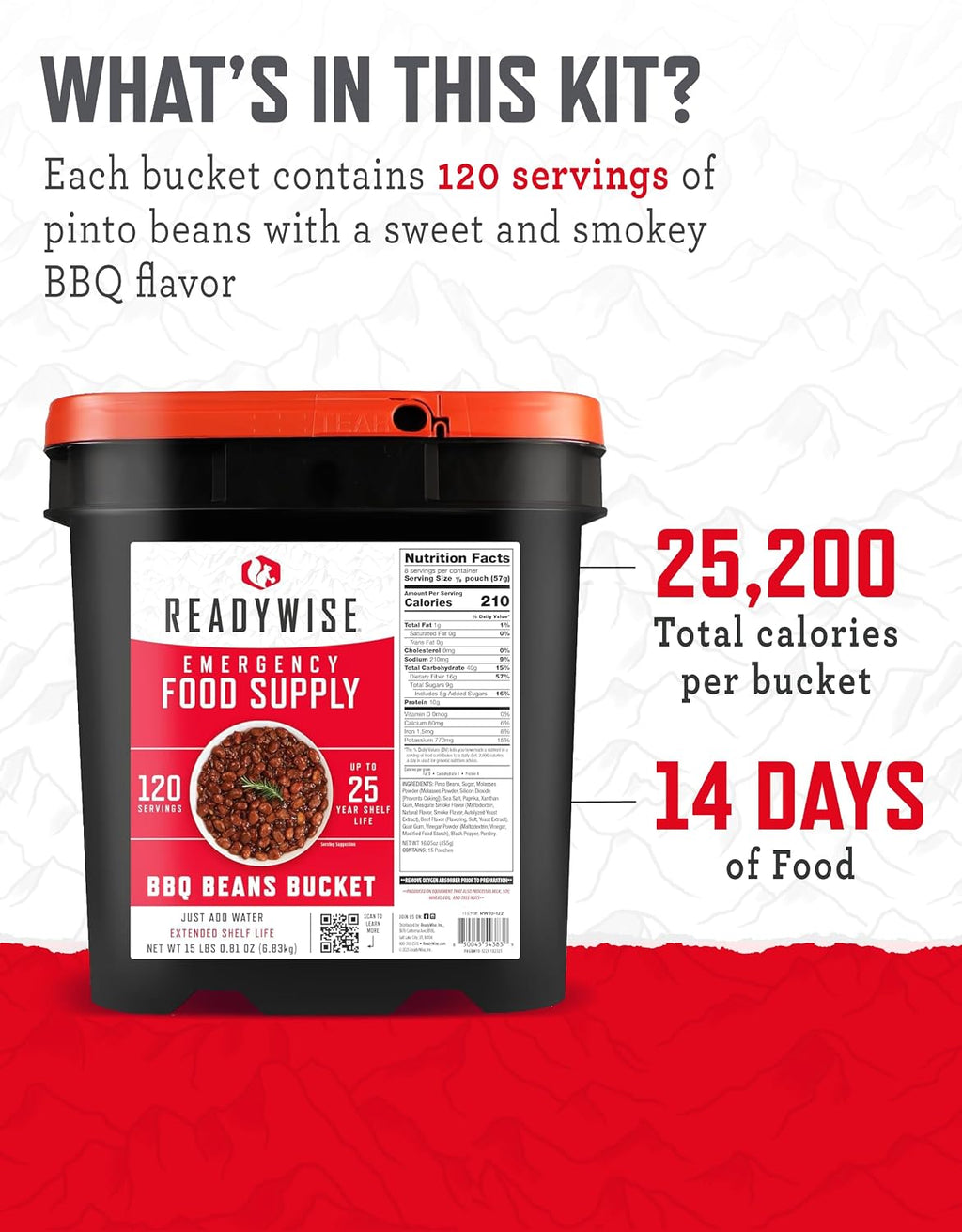 READYWISE Emergency Food Survival Supply BBQ Beans Bucket, 120 Servings
