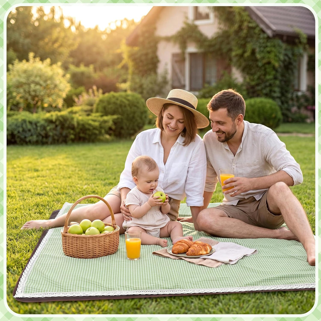 VitalCozy Gingham Picnic Blankets 59x78 in Outdoor Waterproof, Green White