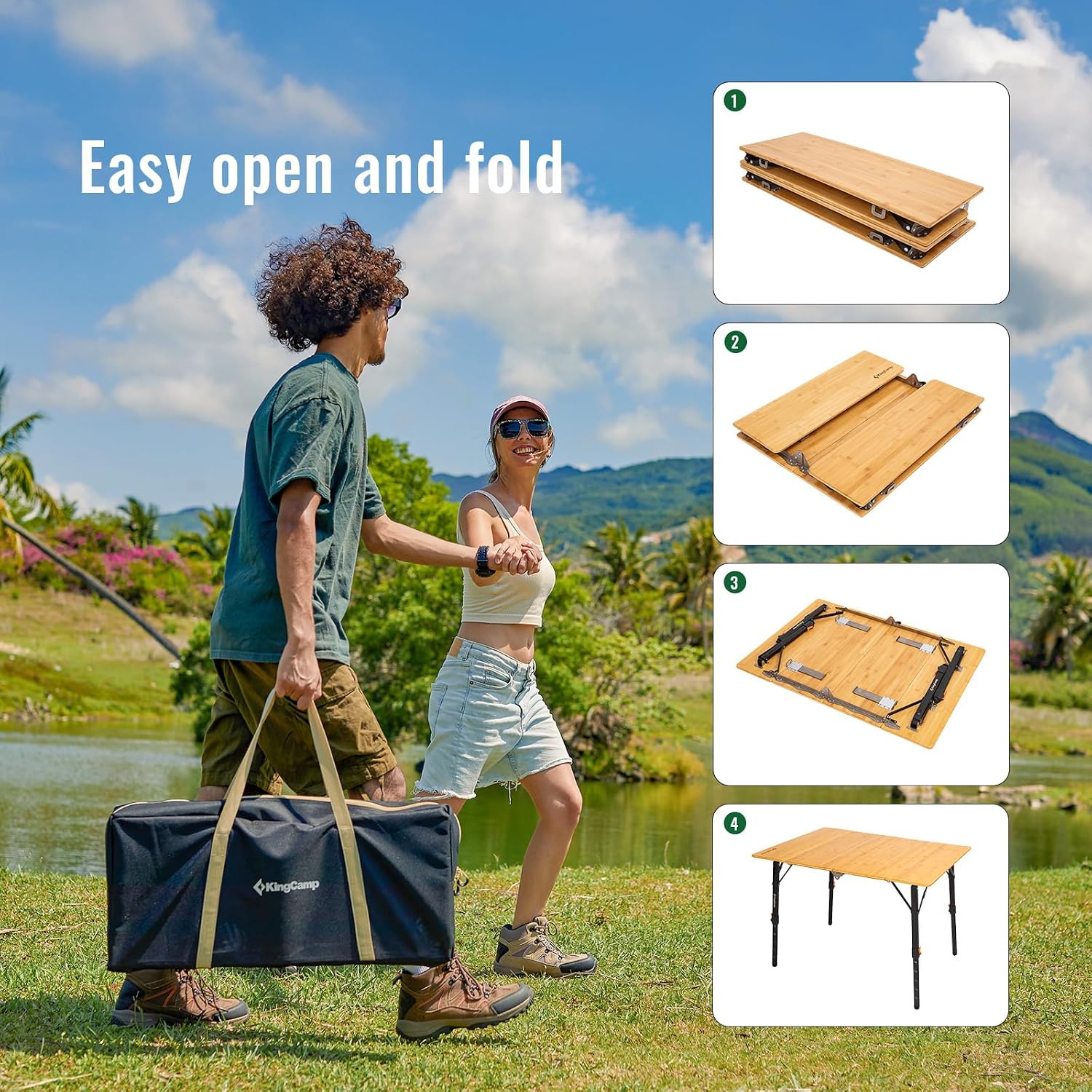 KingCamp Bamboo Folding Camping Table with Adjustable Height