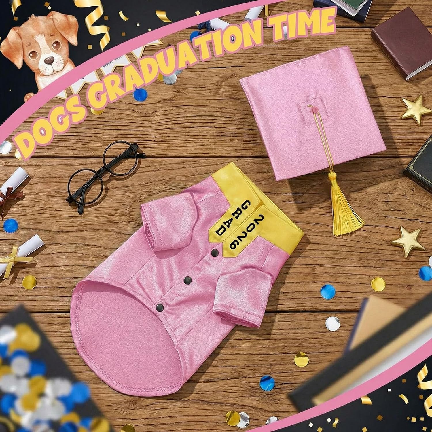 Huhumy 5 Pcs Dog Graduation Costume Set Include 2026 Pet Graduation Gown with Stole Puppy Grad Cap Lensless Glasses DIY Letter Stickers for Dogs Cats Holiday Costume Accessory(Pink Yellow,S)