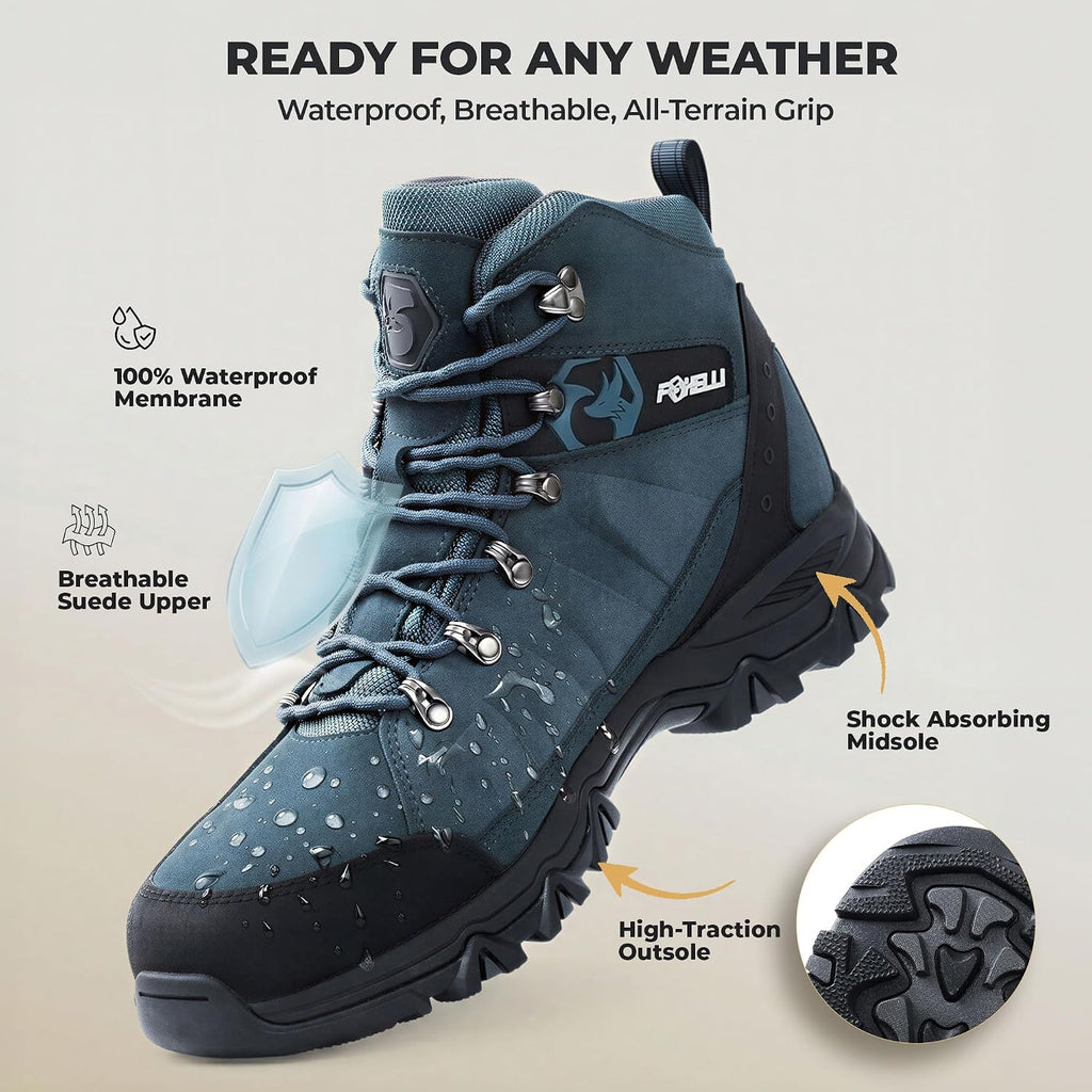 Foxelli Men’s Hiking Boots – Waterproof Breathable & Lightweight Suede Leather Hiking Boots for Men
