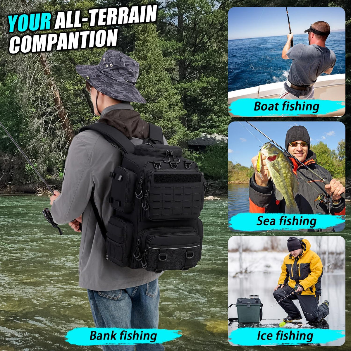 Tactical Fishing Backpack with 4 Tackle Boxes, Rod Holders & Bottle Holder