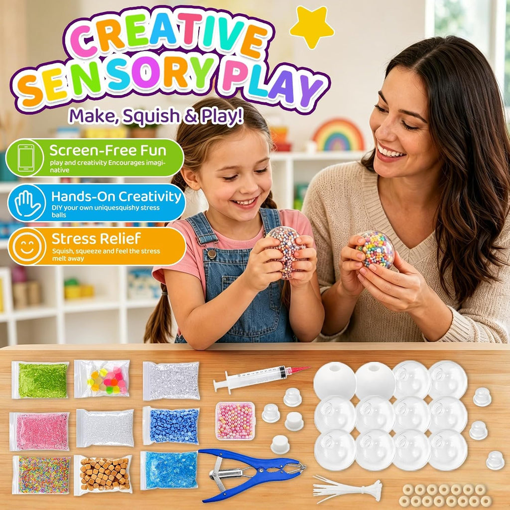 RYOXZEL DIY Stress Ball Making Kit, 12pcs Squishy TPR Ball Skins with 1lb Fillers, Make Your Own Squishies Set, Air Pump & Expander Tool Ties, Fidget Sensory Craft Kit for Stress Relief