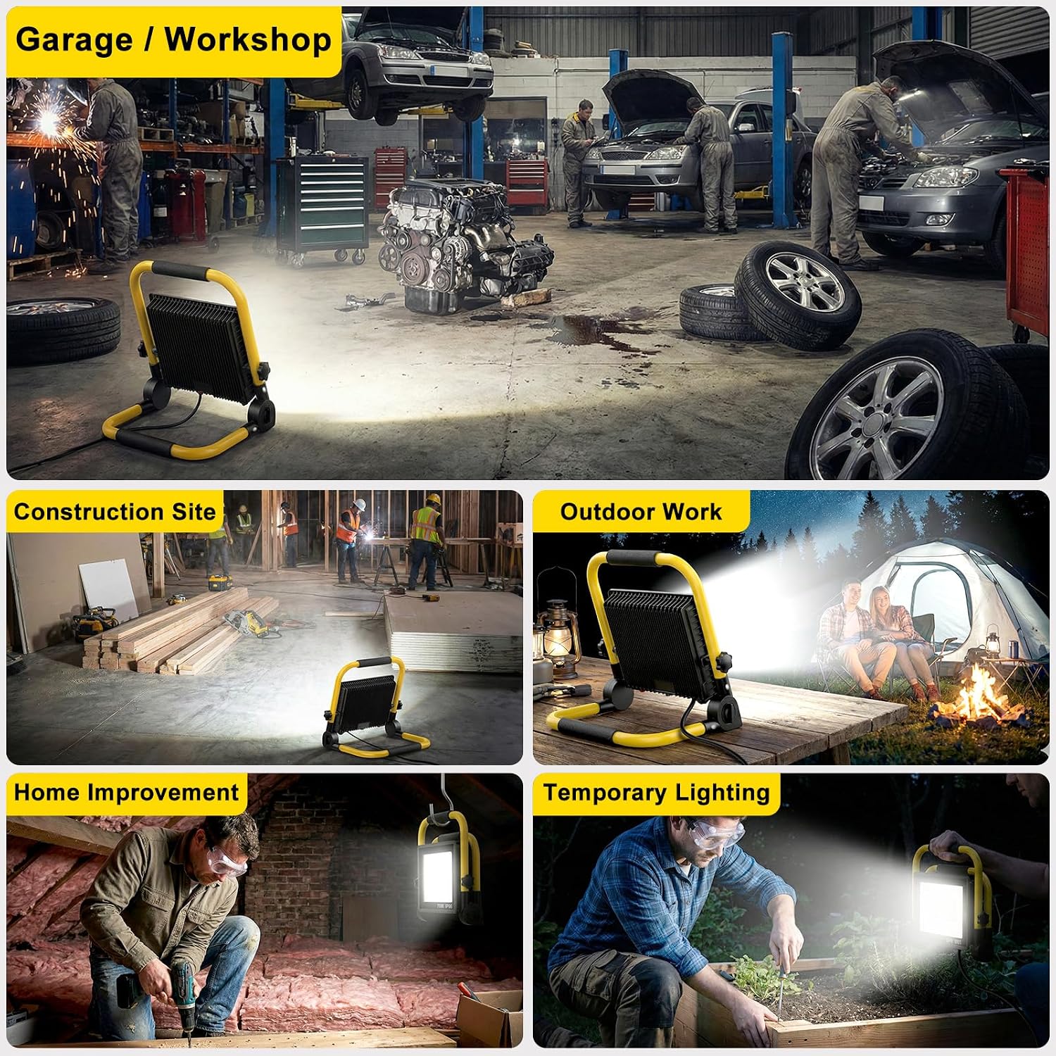 LED Work Light 10000 Lumens, Portable Work Light with Stand, 72 LED COB 6500K, IP66 Waterproof Outdoor Lights, 360° Adjustable Mechanic Light for Garage, Construction, Camping, Shop Lights for Garage