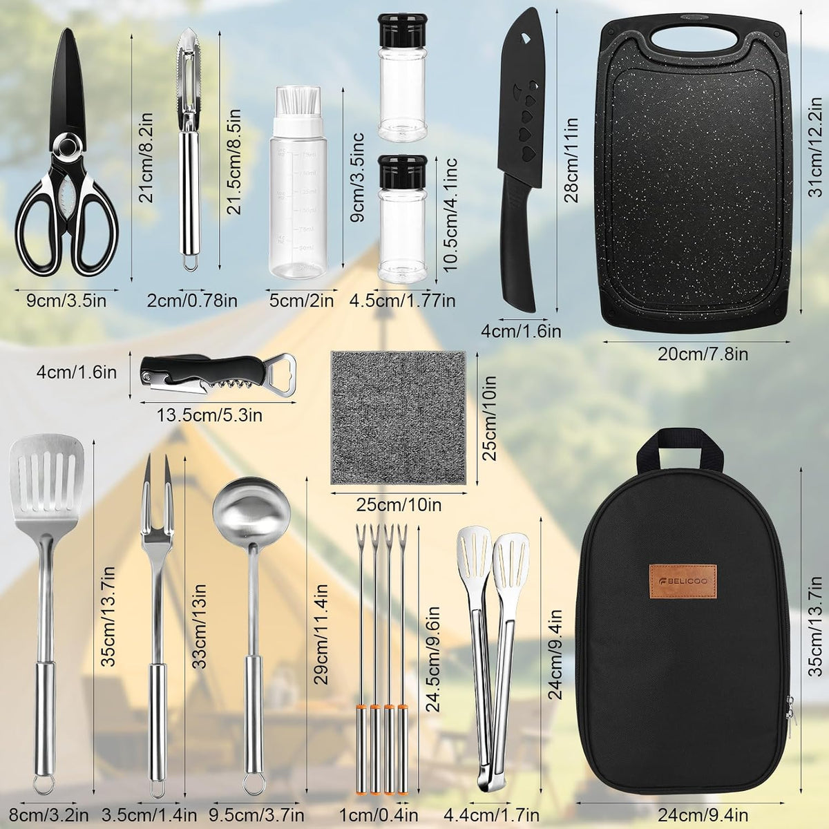 Camping Utensil Set 18 Pcs, Camping Cooking Set with Storage Bag