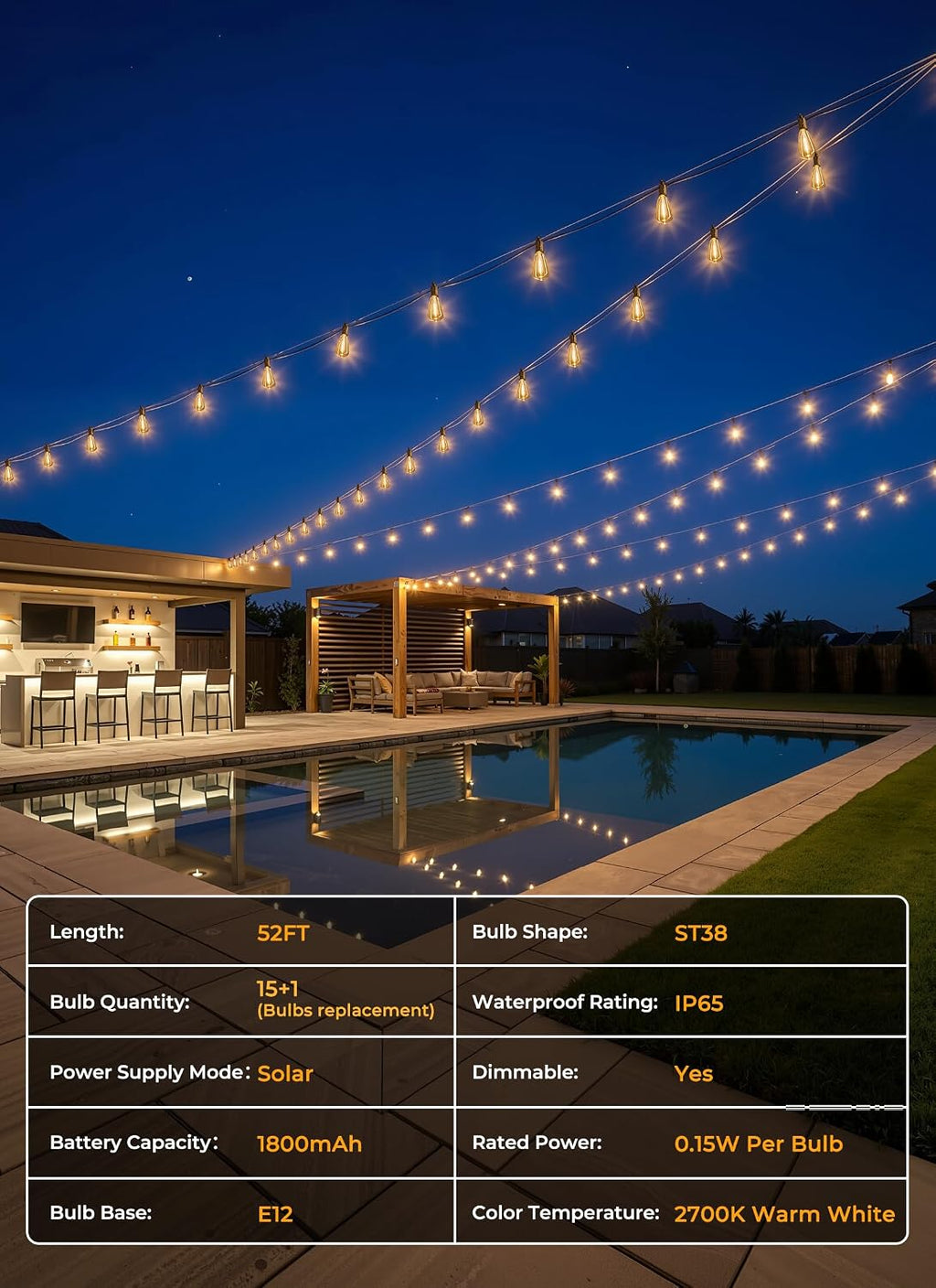 Brightown 52FT Solar String Lights Outdoor Waterproof, Up to 26Hrs Runtime