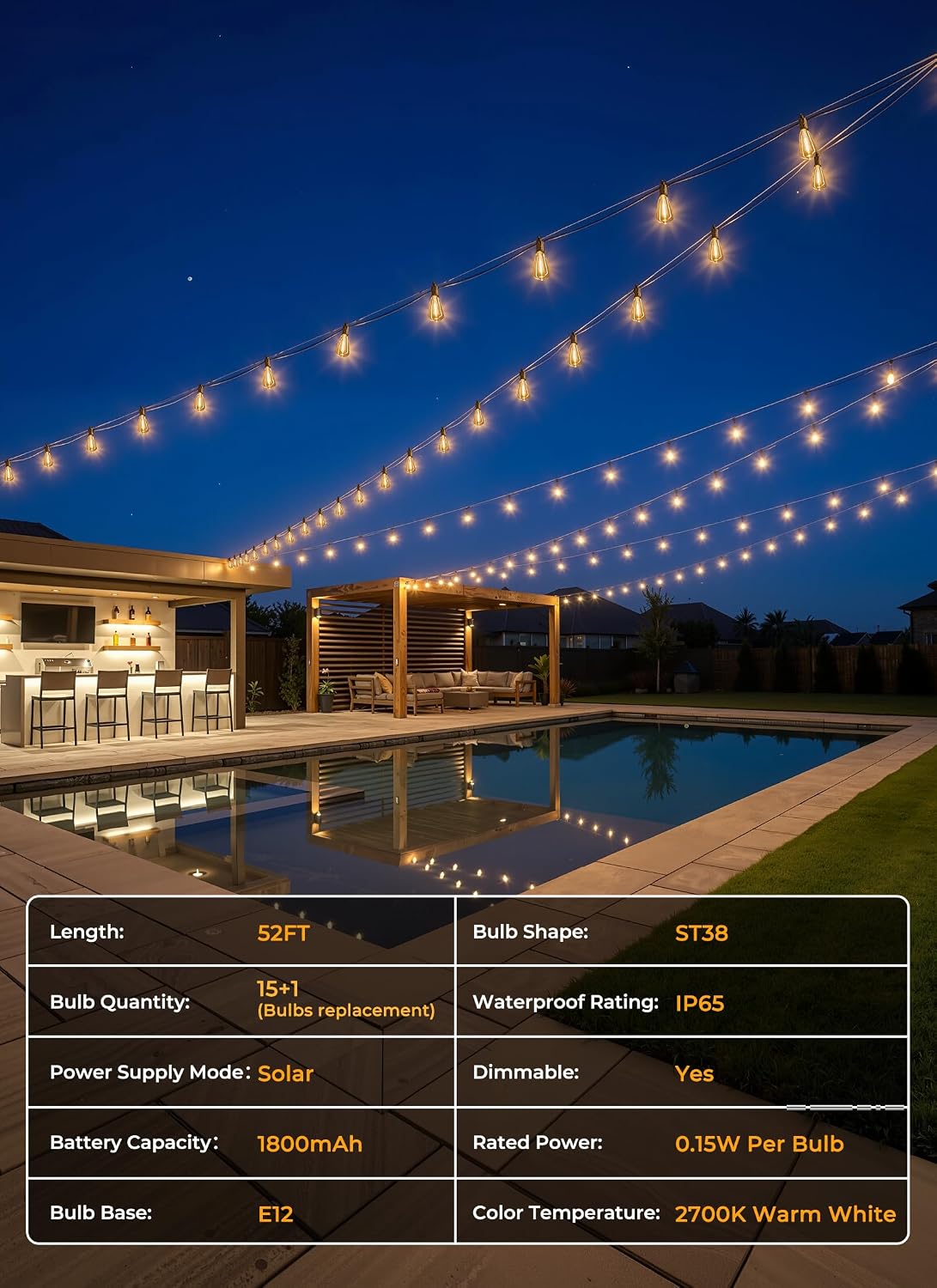 Brightown 52FT Solar String Lights Outdoor Waterproof, Up to 26Hrs Runtime