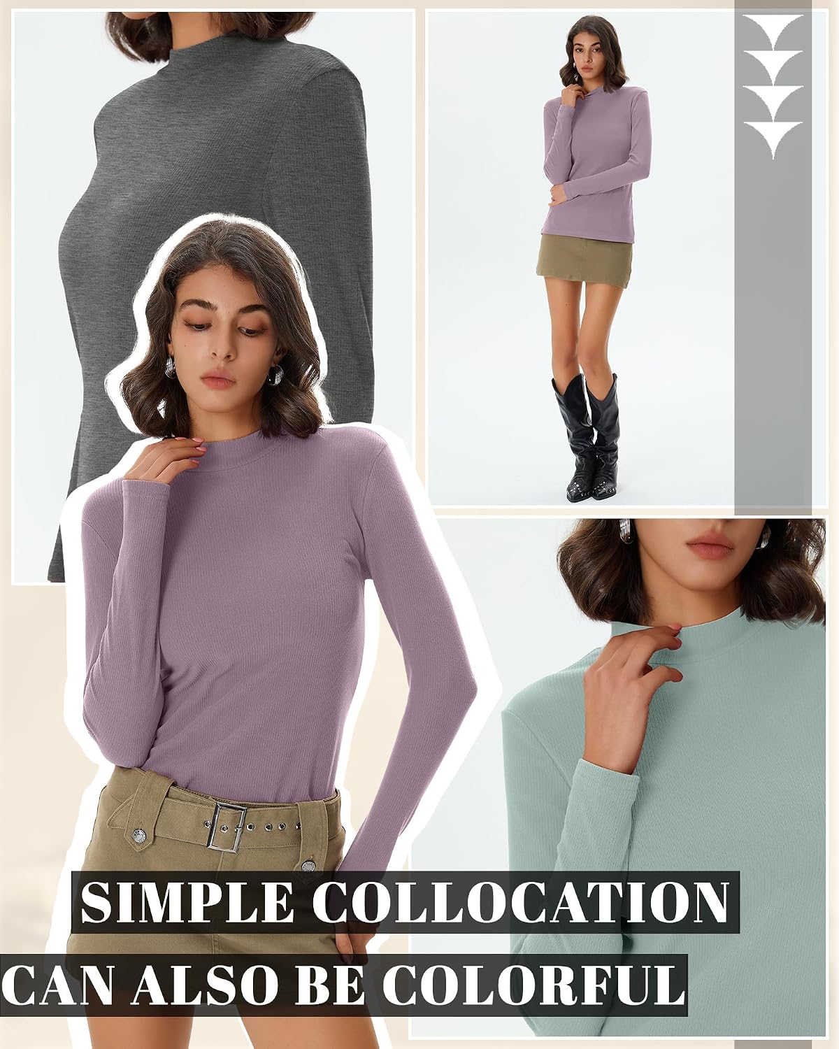 Evervibe 3 Pack Women's Ribbed Mock Neck Thermal Tops