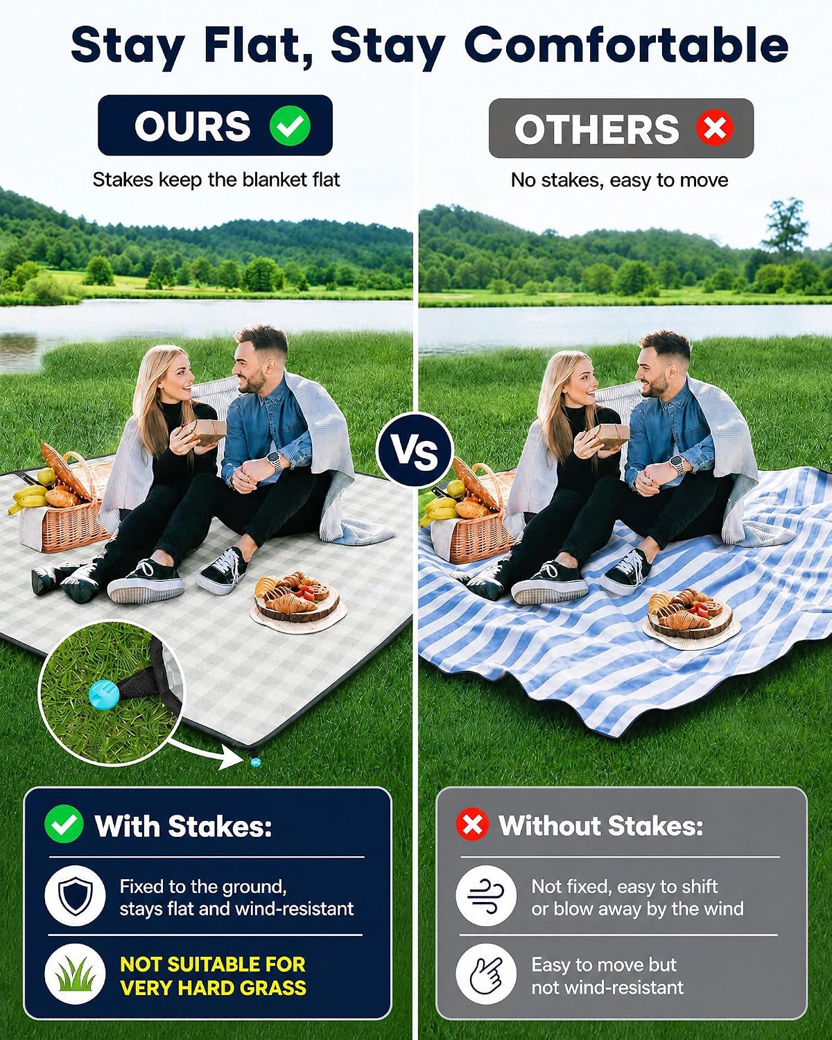 Extra-Thick Padded Large Picnic Blanket with 4 Corner Stakes and Carry Bag