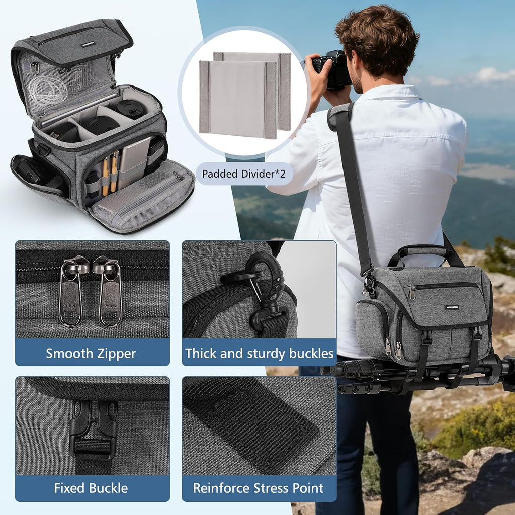 RAINSMORE Camera Bag, DSLR/SLR/Mirrorless Camera Sling Bag for Photographers Waterproof Small Camera Case with Tripod Holder & Rain Cover Camera Crossbody Bag for Canon/Nikon/Sony/Fuji, Grey