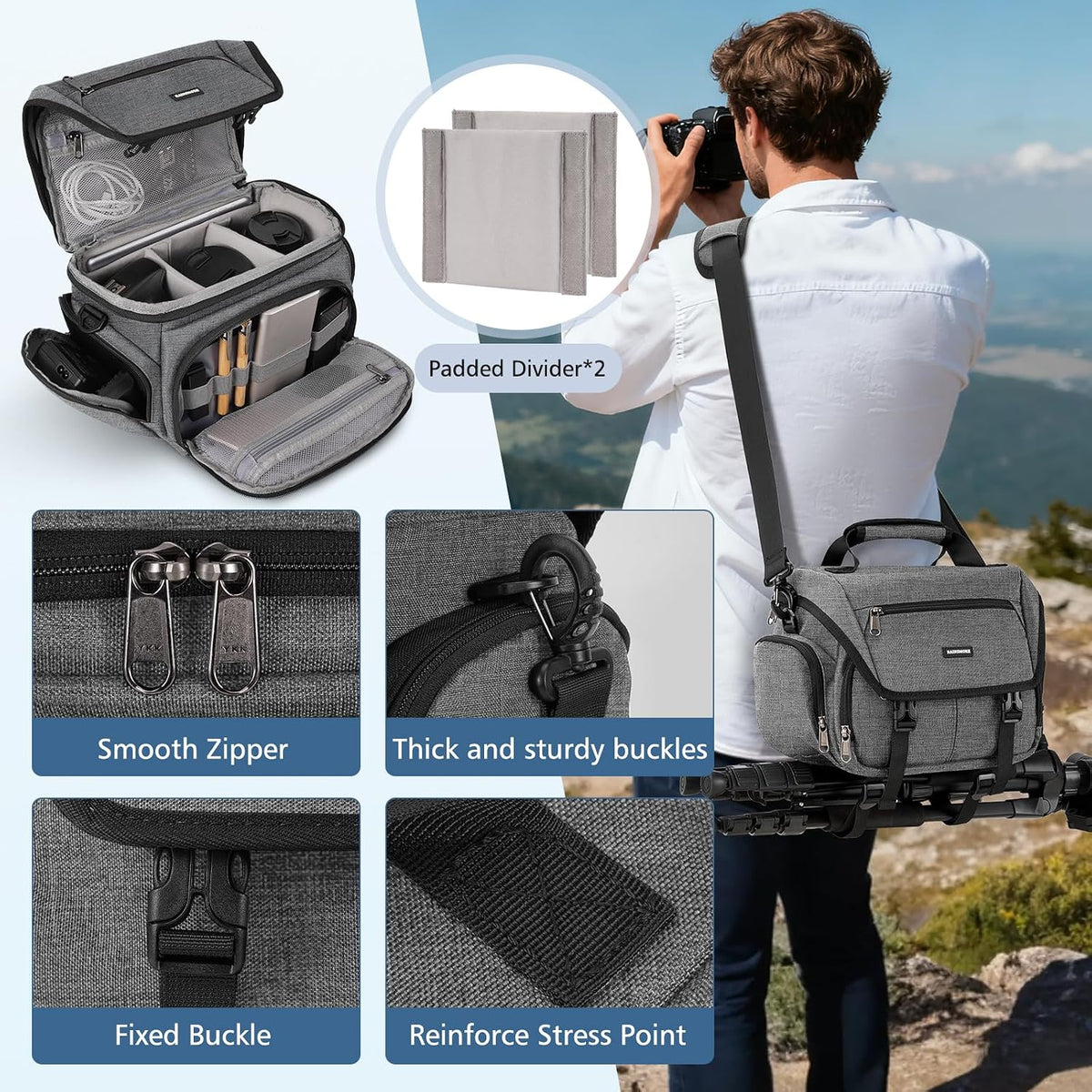 RAINSMORE Camera Bag, DSLR/SLR/Mirrorless Camera Sling Bag for Photographers Waterproof Small Camera Case with Tripod Holder & Rain Cover Camera Crossbody Bag for Canon/Nikon/Sony/Fuji, Grey