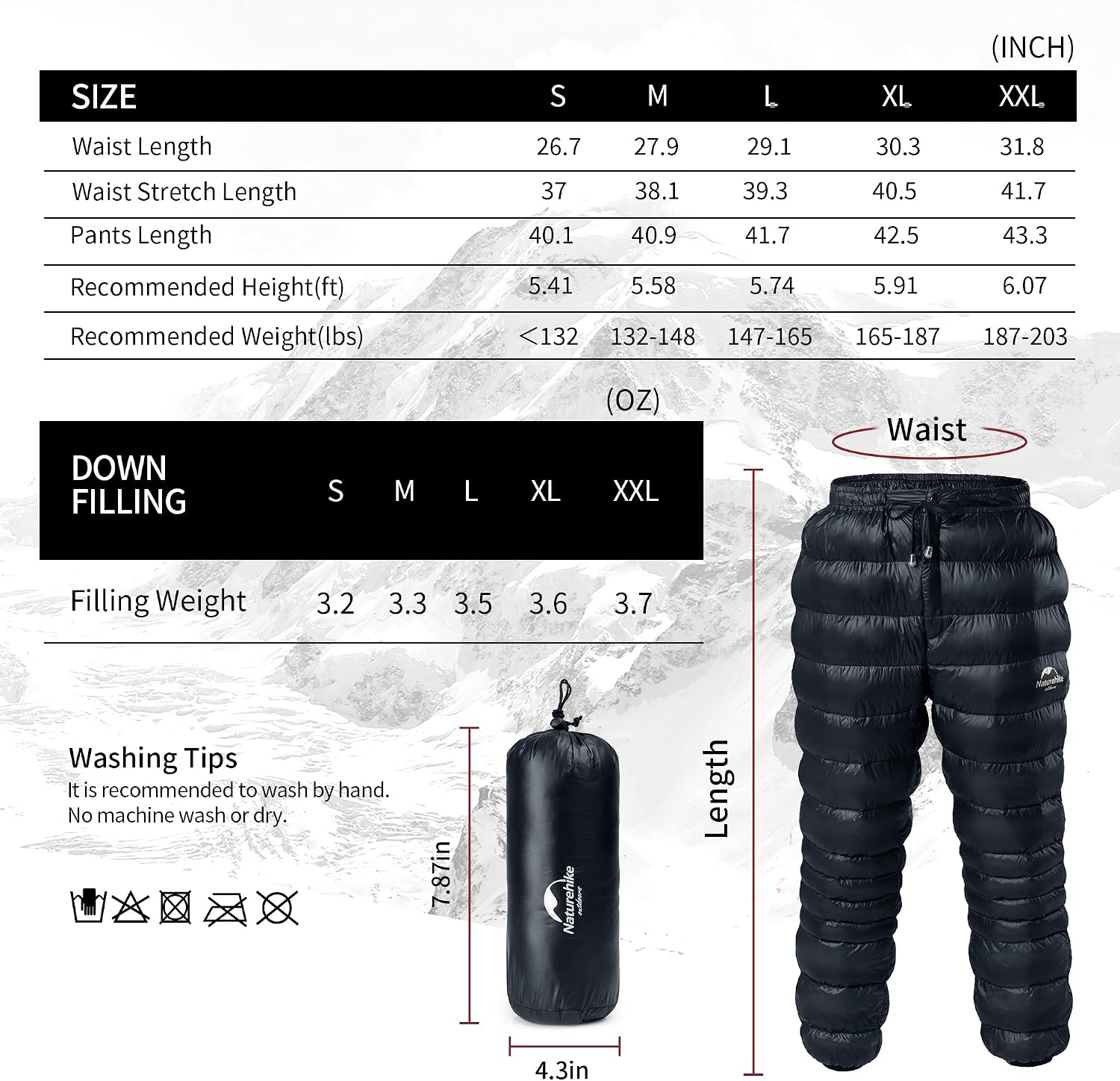 Naturehike Down Pants,Men's Women's Puffy Pants,Winter Warm Outdoor Men Women Ski Snow Pants,Camping Hiking Pants