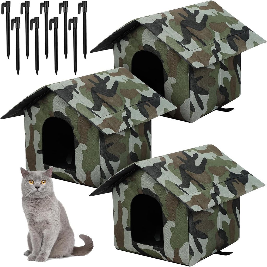 Soaoo 3 Pcs Cat Houses for Outdoor Stray Cats Shelter Weatherproof Outside House Indoor Foldable Pet Cave with Tent Stakes for Wild Animal Dogs(Camouflage Style)
