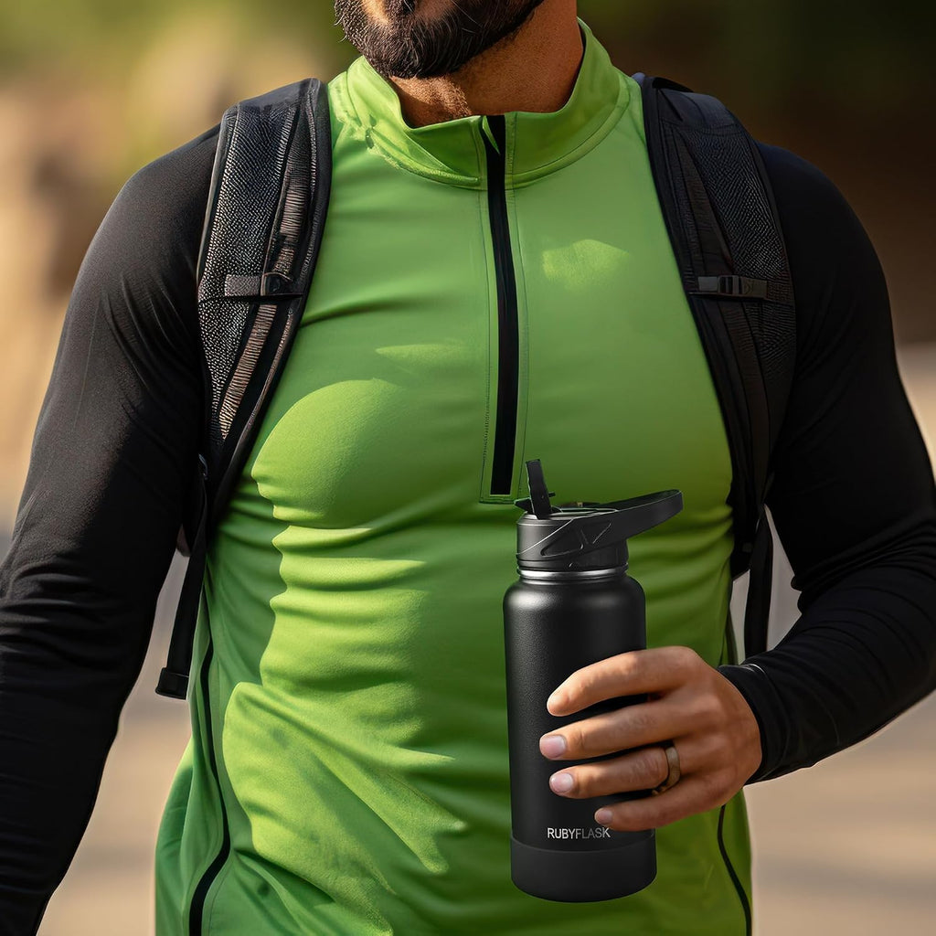 RUBYFLASK 32oz Insulated Water Bottle with Straw, Stainless Steel Metal Vacuum Water Flask, Large Thermal Water bottle with Leakproof 3 Lids for Travel, Camping, Gym Sports Armygreen