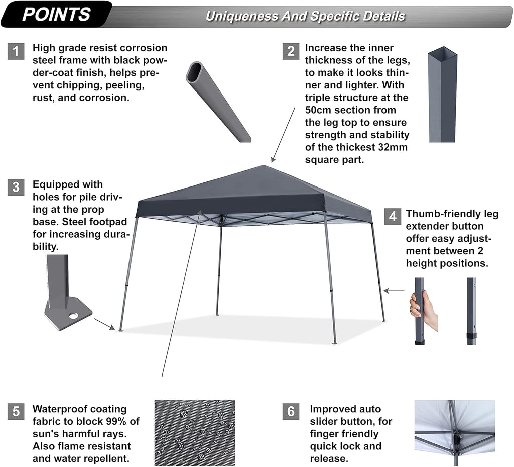 ABCCANOPY 11x11 Pop Up Canopy Tent, Slant Leg Outdoor Shade, Dark Gray