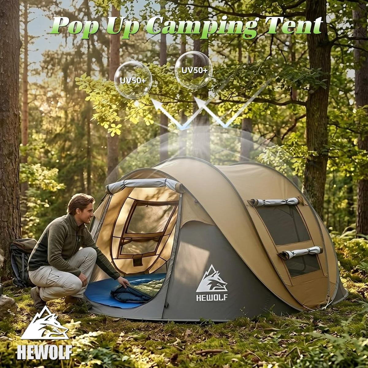 Hewolf 2/4 Person Pop Up Camping Tent,Instant Easy Setup,Waterproof,Automatic Family Tent for Camping,Hiking & Traveling