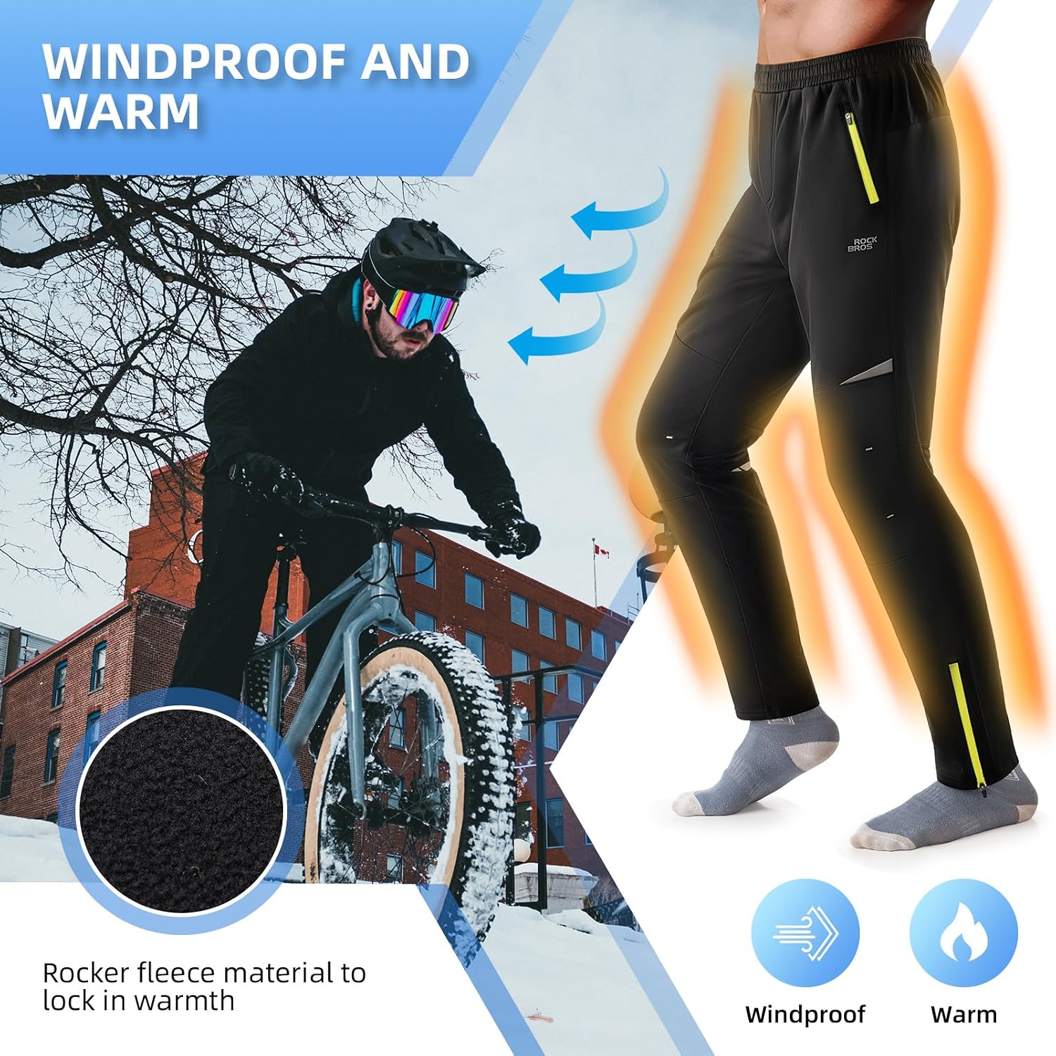 ROCKBROS Men's Thermal Cycling Pants, Fleece Lined Winter Bike Tights