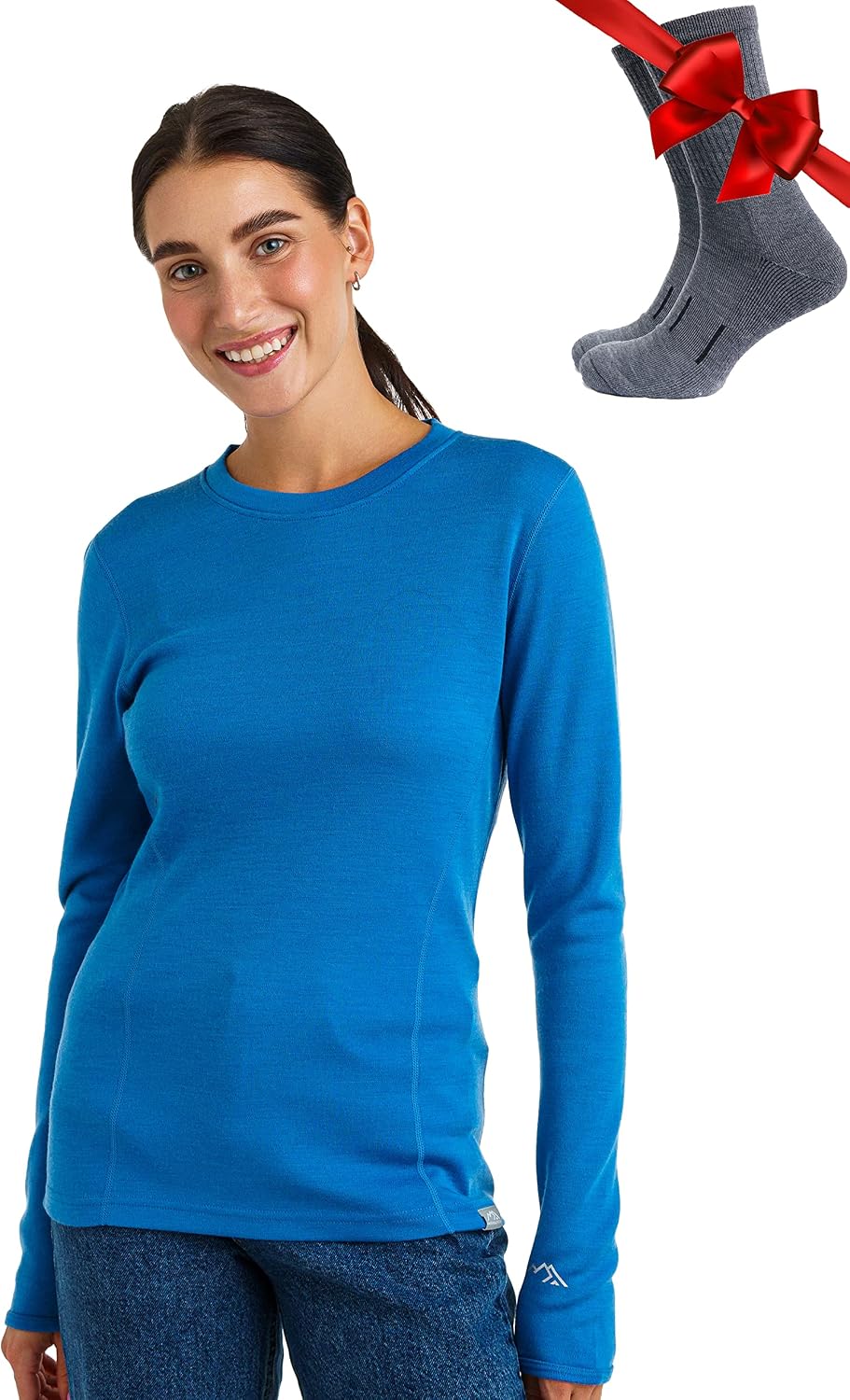 100% Merino Wool Base Layer Women - Long Sleeve Thermal Shirt with Socks