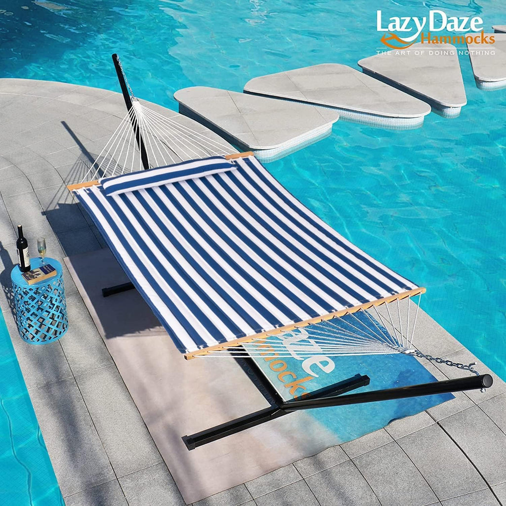 Lazy Daze Double Quilted Hammock with Pillow and Carabiners, Blue White