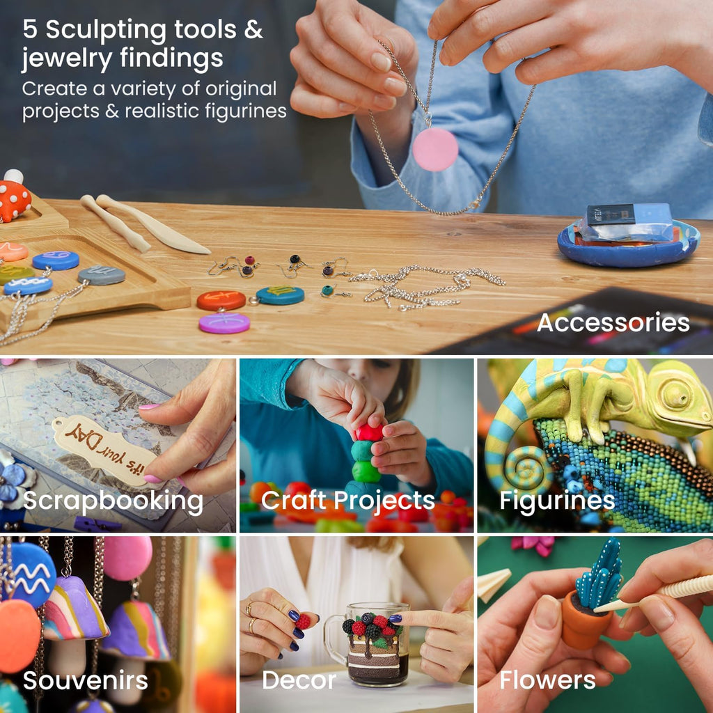 ARTEZA Polymer Clay Kit, 42 Colors with 5 Tools & Jewelry Findings, Oven-Bake Modeling Clay for Earrings, Charms, Miniatures, Jewelry & DIY Crafts