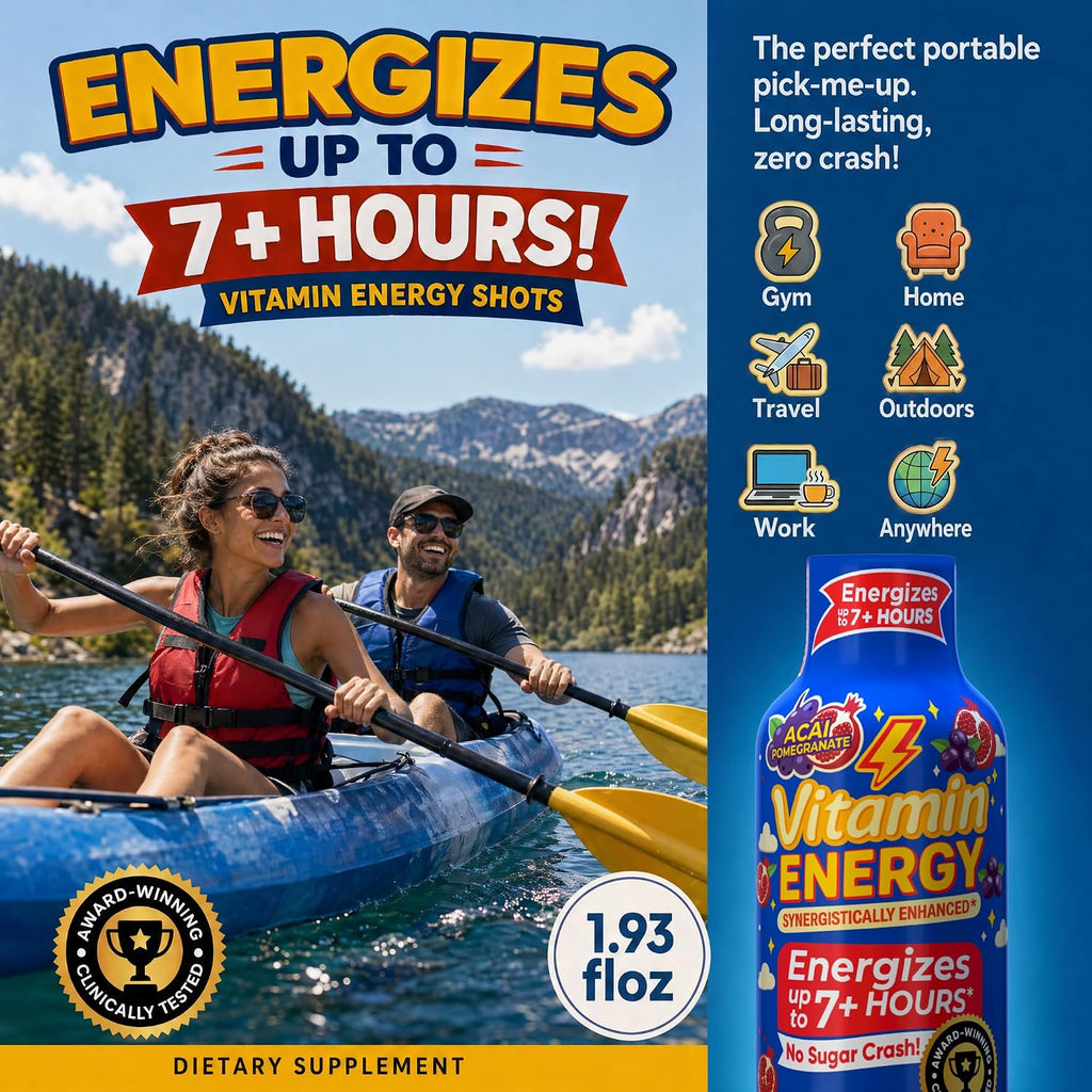 Vitamin Energy Acai Pomegranate Extra Strength Energy Shot, 24 Pack - Up to 7 Hrs, 260mg Natural Caffeine, Zero Sugar - B12 11,000% DV + B6 2,118% DV + Taurine 1,500mg, 1.93 fl oz, Keto Vegan