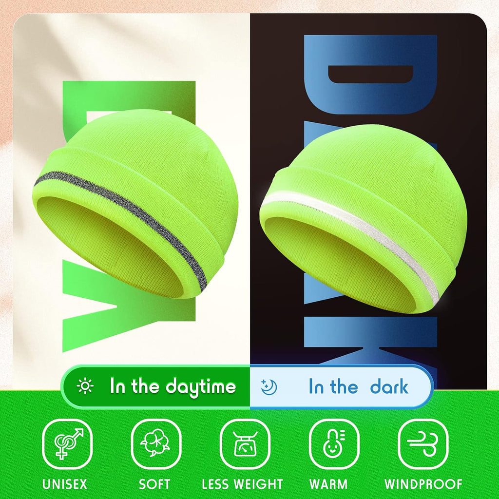 Reflective Knit Hat Safety Beanies Adult High Visibility Beanie Neon Winter Knit Caps with Reflective Stripe