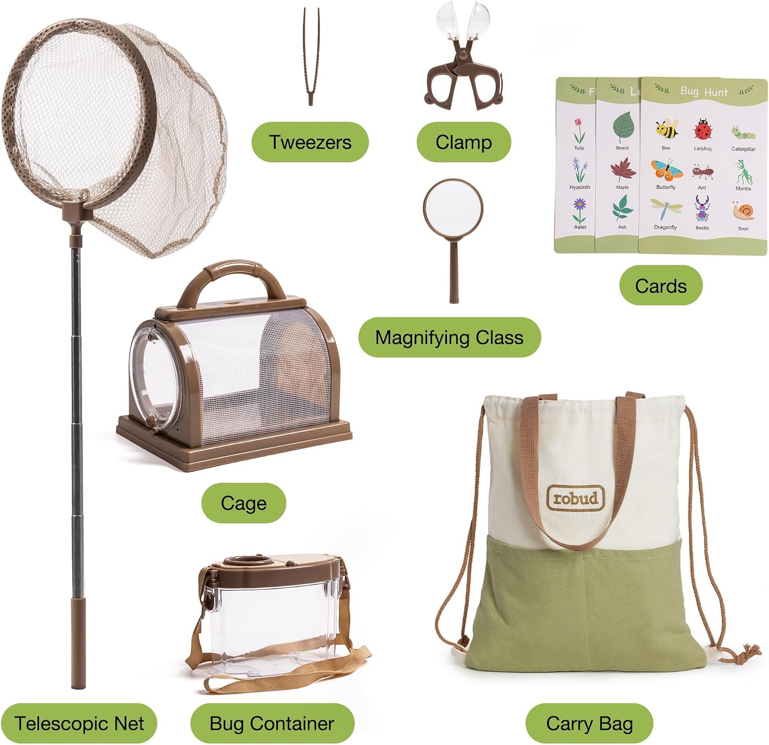 ROBUD Bug Catcher for Kids, Bug Catcher Kit with Bag Kit, Outdoor Exploration Set for Camping, Montessroi Toy for Kids Coming Closer to Nature，WRP07
