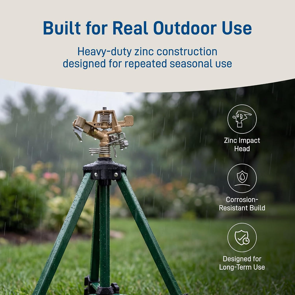 Orbit Tripod Lawn Zinc Impact Sprinkler - 360 Degree Rotating Yard Sprinkler with Adjustable Height - Heavy-Duty Zinc - High-Pressure Nozzle - for Large Lawn Coverage - 56667