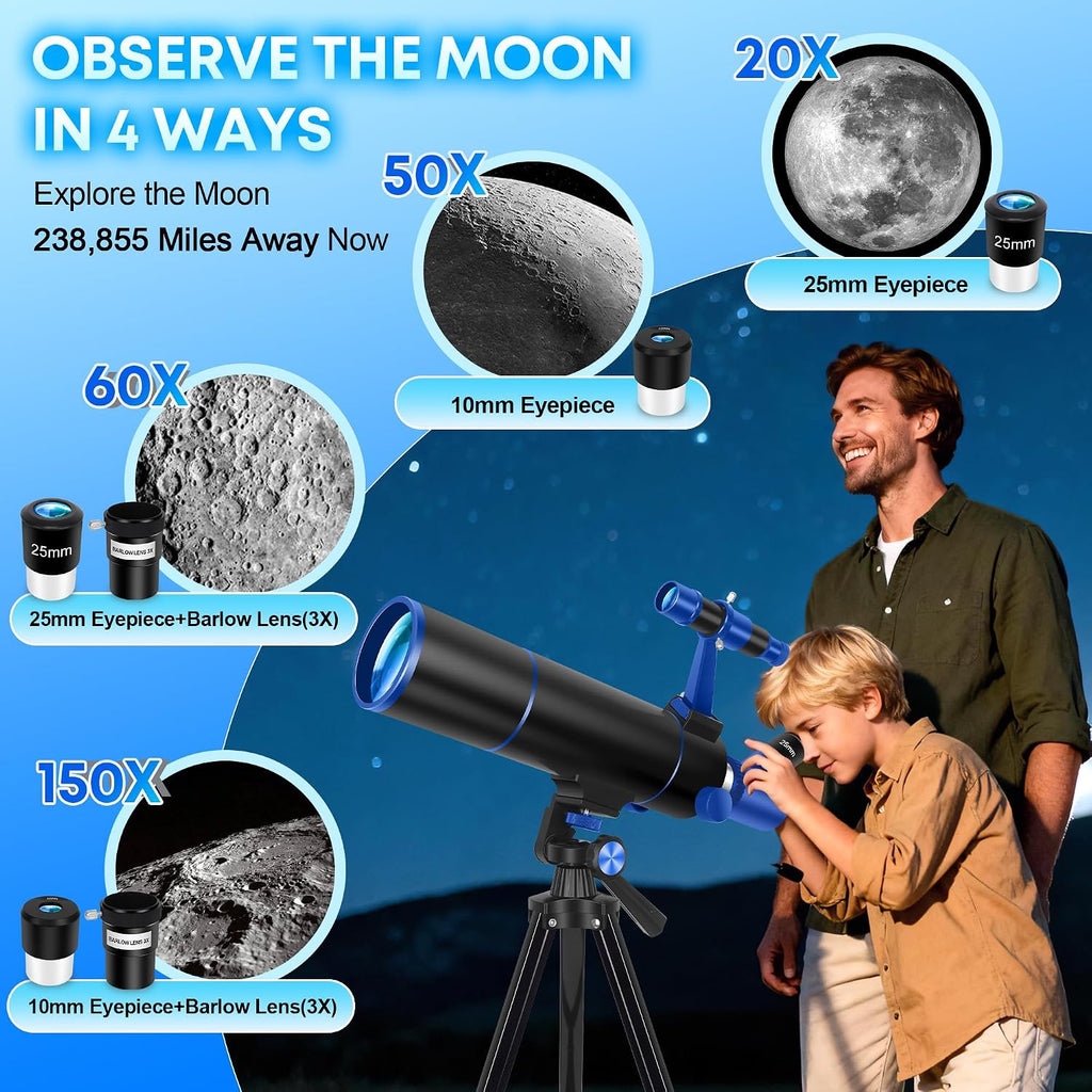 Hawkko Portable Telescope for Kids & Beginners 80mm Aperture 500mm
