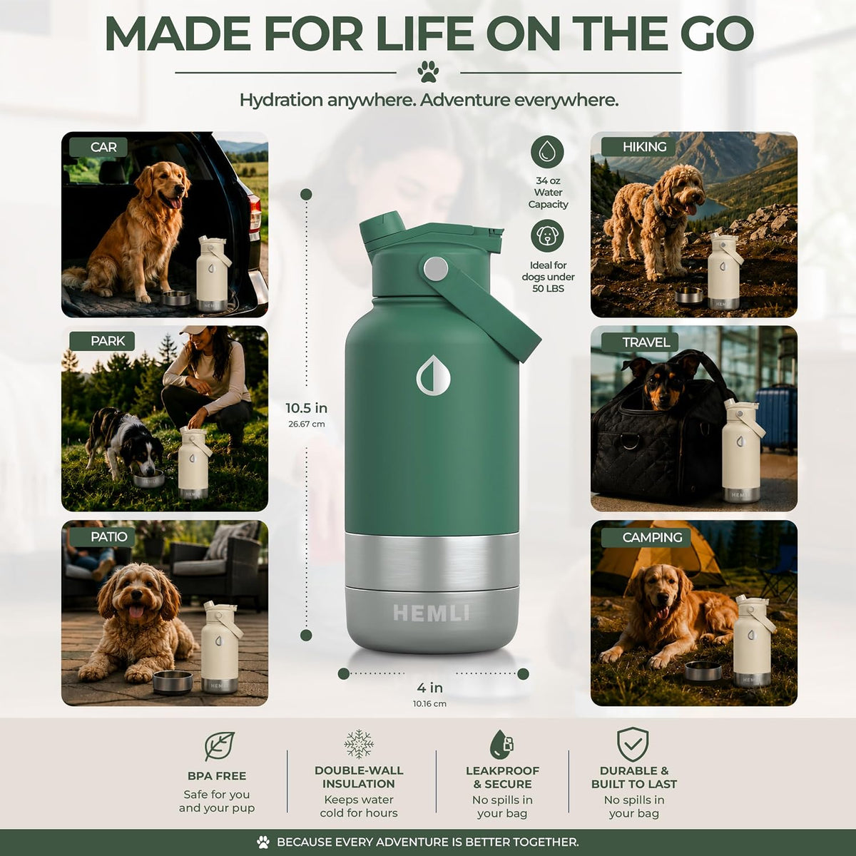 32 oz. Dog Water Bottle, Insulated Dog Travel Water Bottle, Stainless Steel Pet Water Bottle Dispenser Portable Food and Water Bowl for Dogs for Walking Dog Canteen Travel Kit