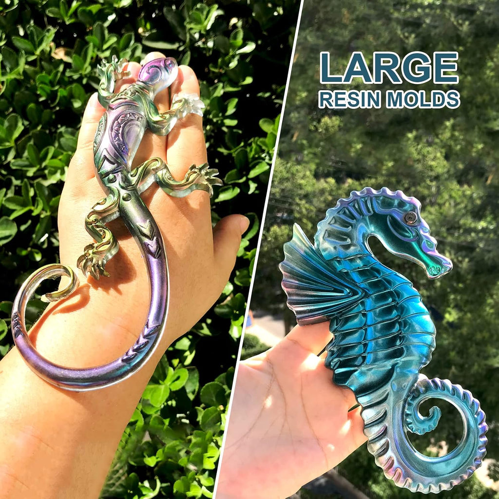 2 Pcs Gecko Seahorse Resin Molds Silicone, Lifelike Lizard Hippocampus Decor Moulds, 3D Large Animal Silicone Epoxy Mold for DIY Resin Crafts,Wall Hanging Home Decor Halloween Christmas Gifts