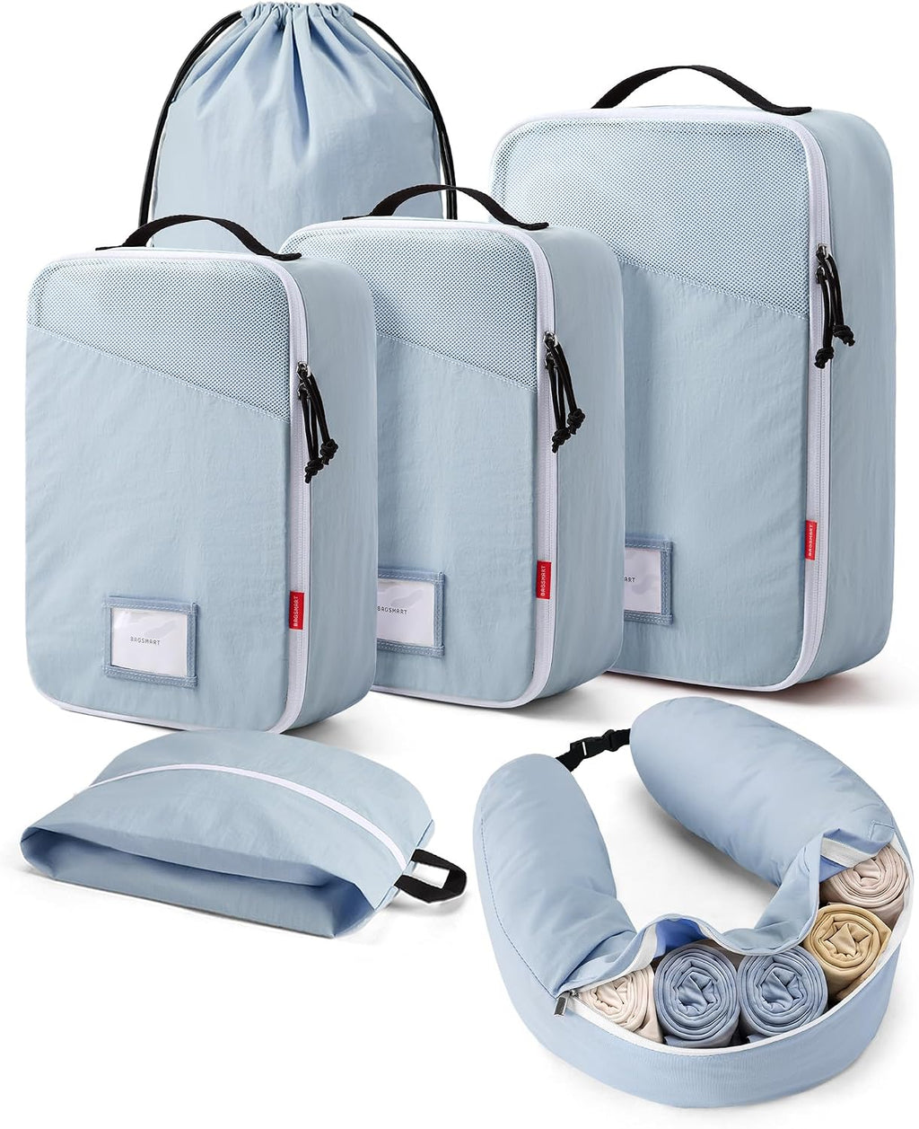 BAGSMART 6 Set Packing Cubes for Travel with Fillable Neck Pillow, Shoe Bag